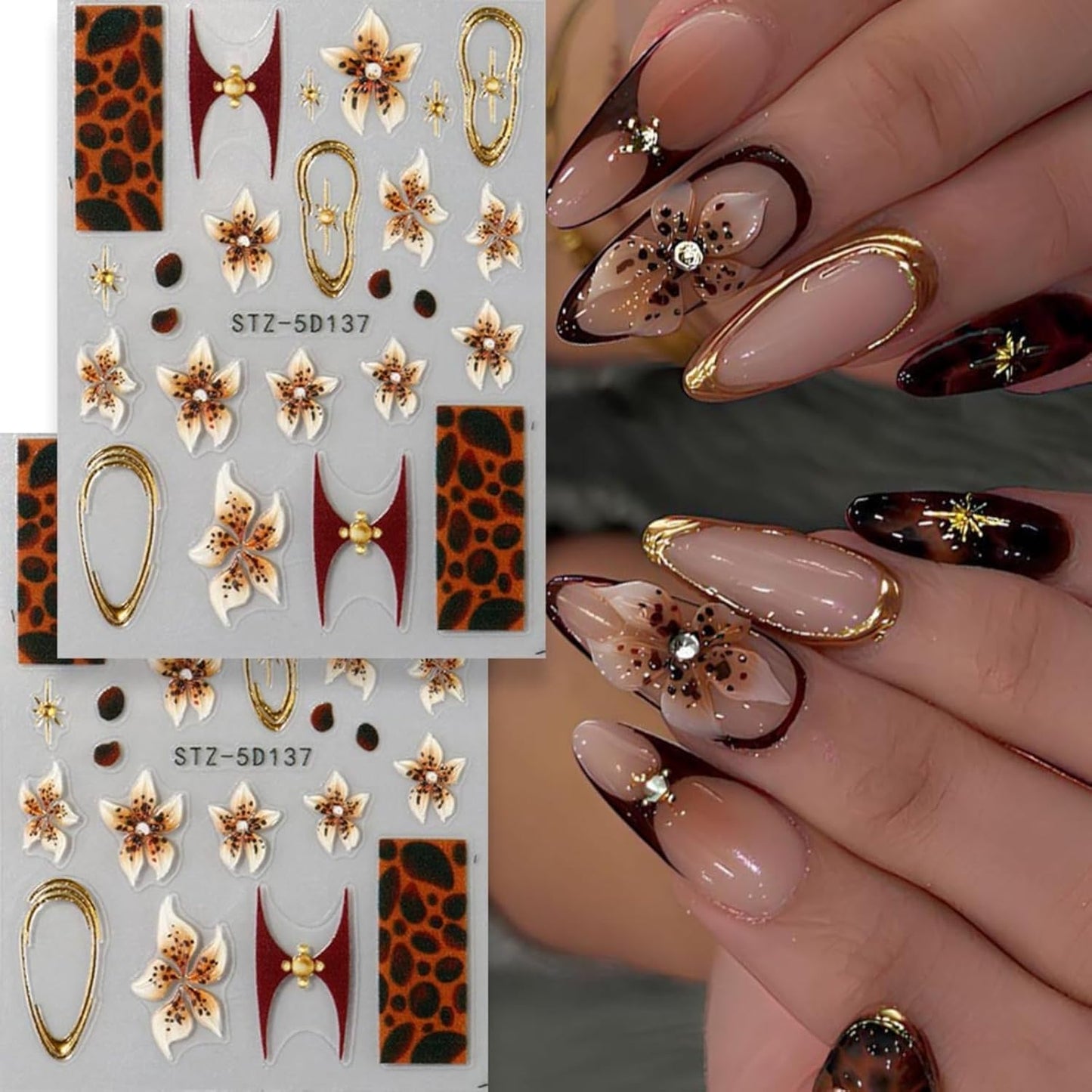 Flower Nail Art Stickers 5D Yellow Brown Flowers Nail Decals 2Pcs Leopard Print Nail Art Supplies Floral Gold Frame Star Autumn Nail Stickers French Sliders for Women Thanksgiving Nail Decorations