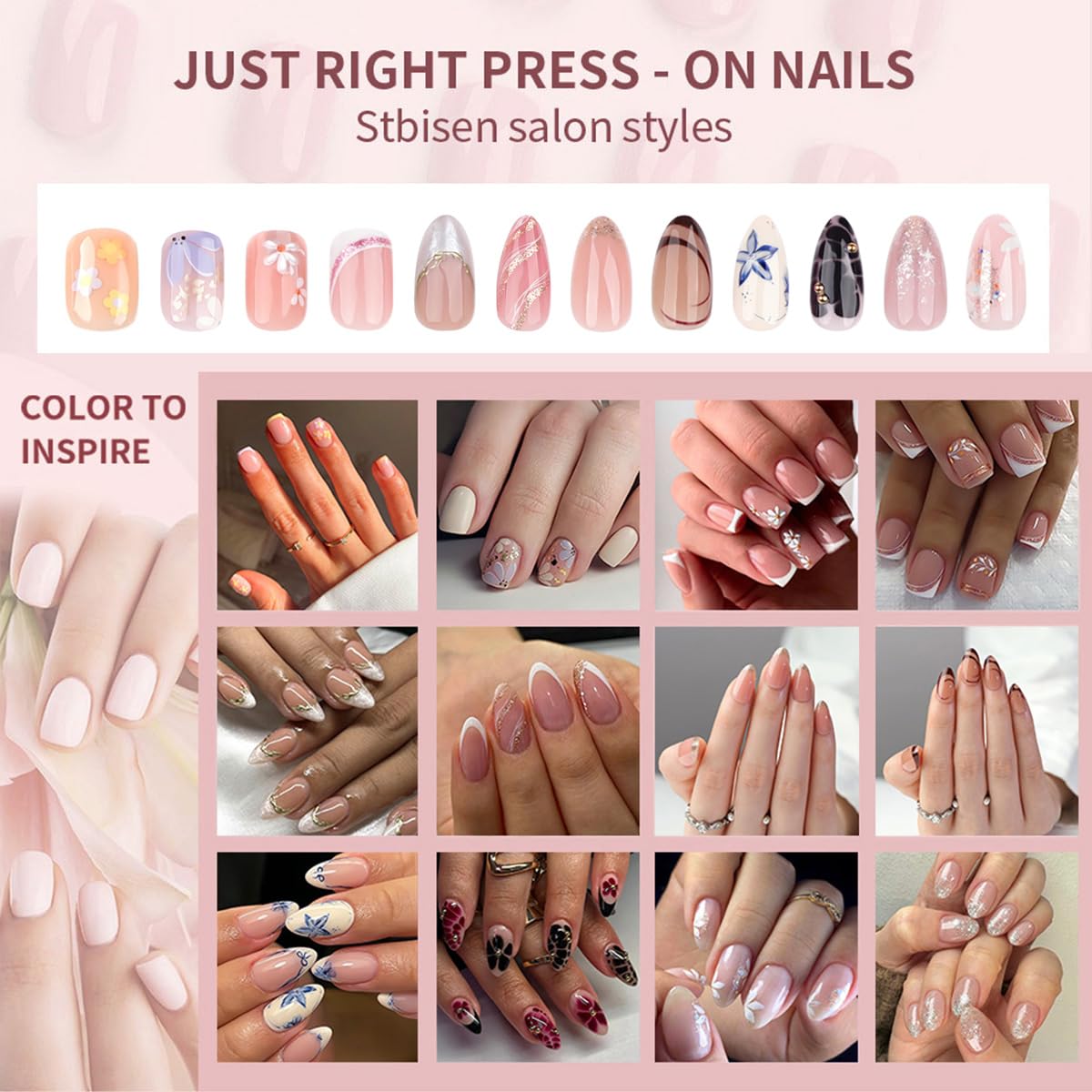 Fall Short Press On Nails Almond, Nude Fake Nails accented with golden glitter and Graceful White Floral Petal Design, Glossy Gel Finish Acrylic Nails, Natural Reusable Glue On Nails Kit for Women