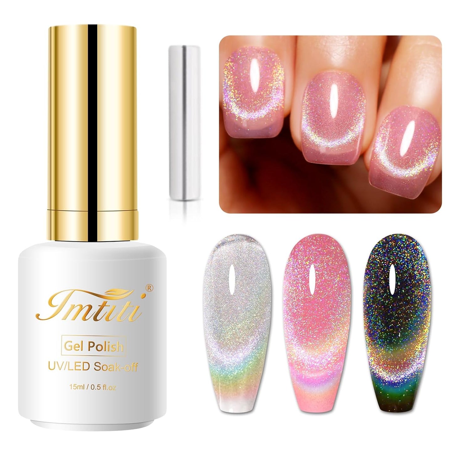 Imtiti Cat Eye Gel Nail Polish, 15ml Glitter Rainbow Holographic Gel Nail Polish with Magnet Iridescent Reflective Shimmer Translucent UV Gel Polish 0.51 Fl Oz