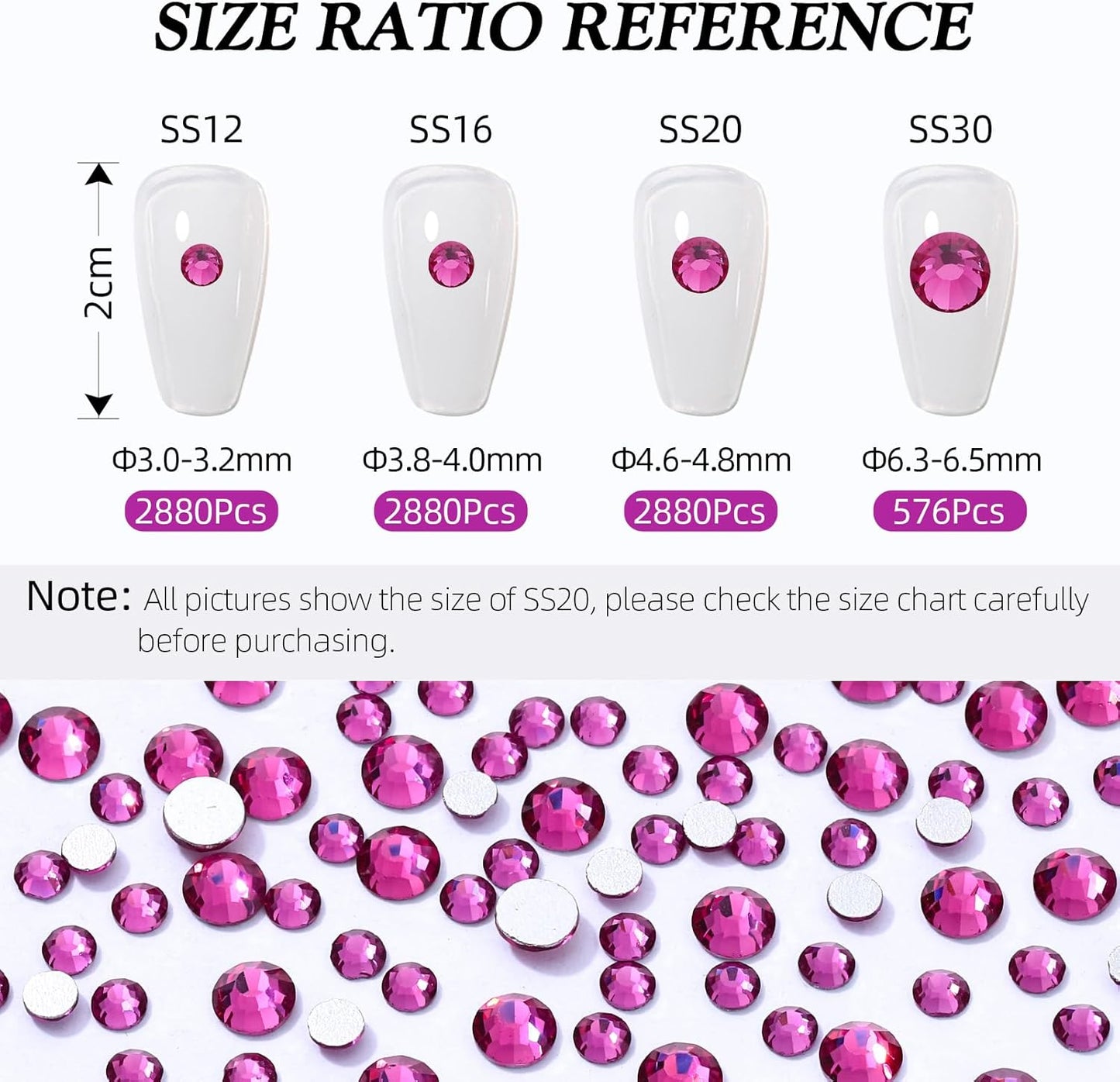 Fuchsia Flatback Rhinestones, Glass Rhinestones for Nail Art and Craft, Glue Fix, Loose Crystal Gemstones(Fuchsia, SS16, 2880pcs, 3.8-4.0mm)