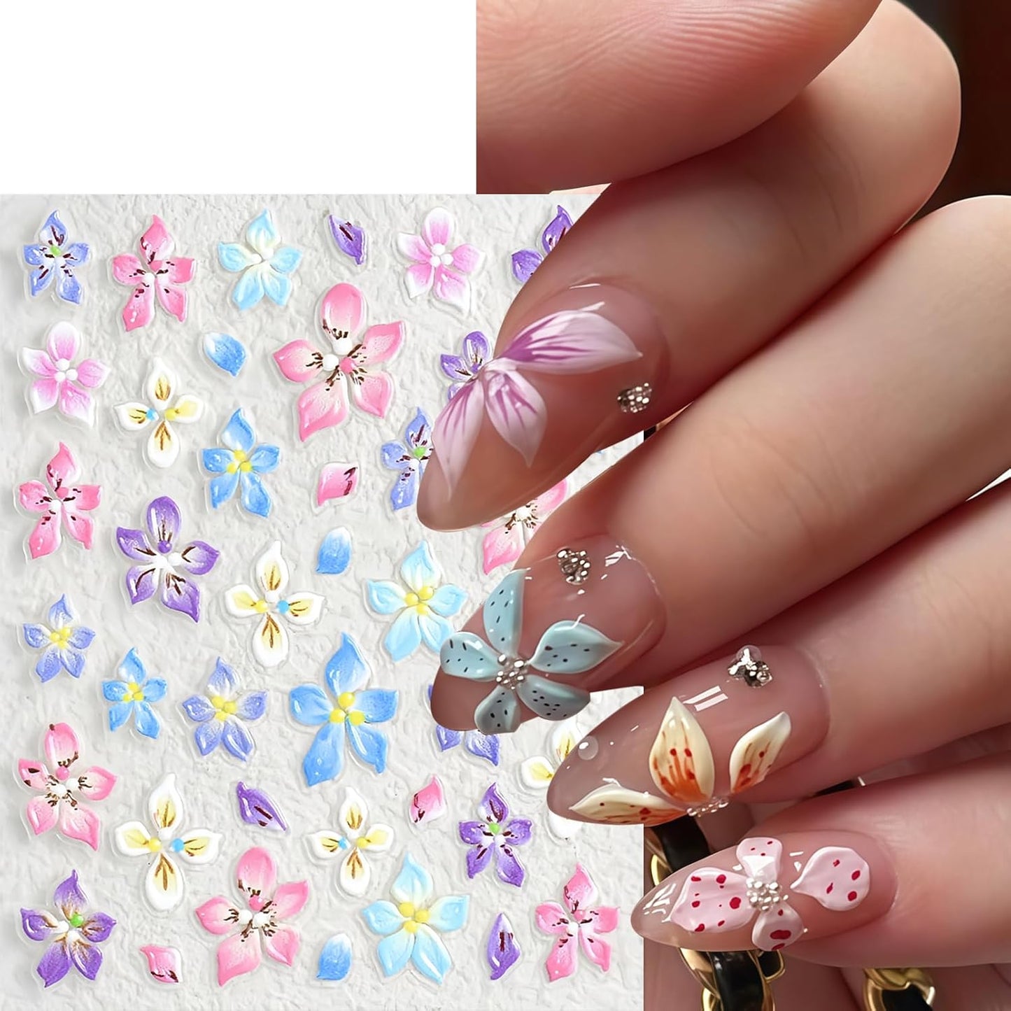 6Sheets Colorful Flower Nail Art Stickers 5D Micro Embossed Hawaiian Flowers Nail Decals Lily Hibiscus Floral Nail Design Tropical Flower Manicure Supplies Summer Floral Nail Accessories for Women