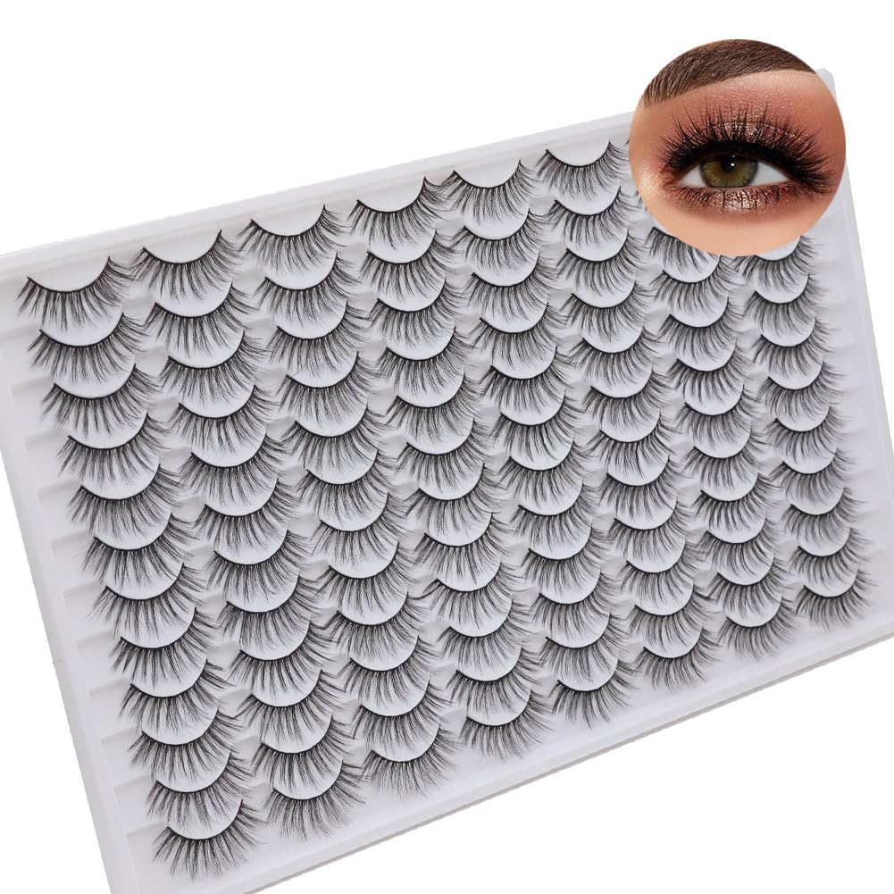 False Eyelashes 48 Pairs Faux Mink Lashes 14mm Wispy Lashes 3D Fluffy Cat Eye Lashes Pack Bulk Wholesale Strip Lashes(style 48-020)