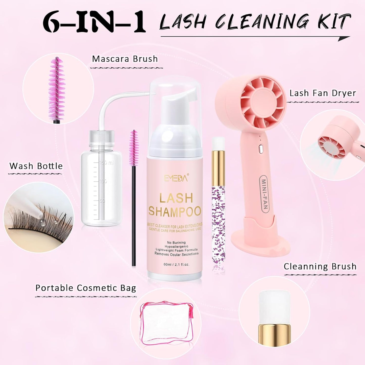 EMEDA Lash Shampoo Kit 2.02 fl oz Lash Cleaning Kit with Rechargeable Fan Dryer/Brush/Rinse Bottle, Oil-free Cleanser Wash for Extensions & Clusters & Natural Eyelashes, Cleaner for Eyelash Care