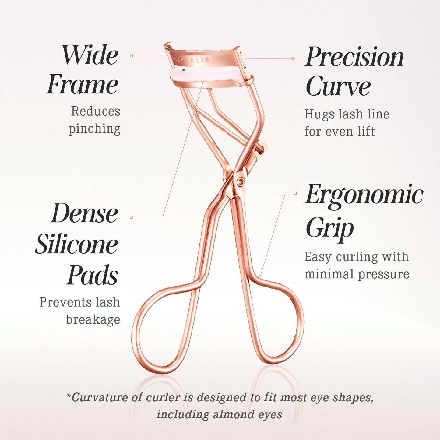 DEAR DAHLIA Dream Eyelash Curler - Premium Volume-Up Curl, Wide Opening, Pinch-Free Design. Painless with Comfort Grip & 2 Silicone Refill Pads Included. Made in Korea