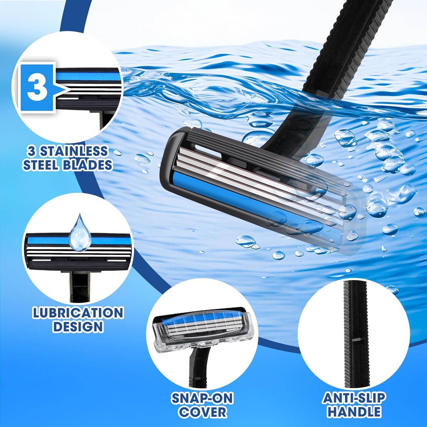 CXYARY 250 Pcs 3 Blade Disposable Razors With Clear Safety Cap, Shaving Razors Bulk for Men &Women, Stainless Steel Blade, Multipurpose Portable Shave Razor for Bathing Hotel Travel, Black