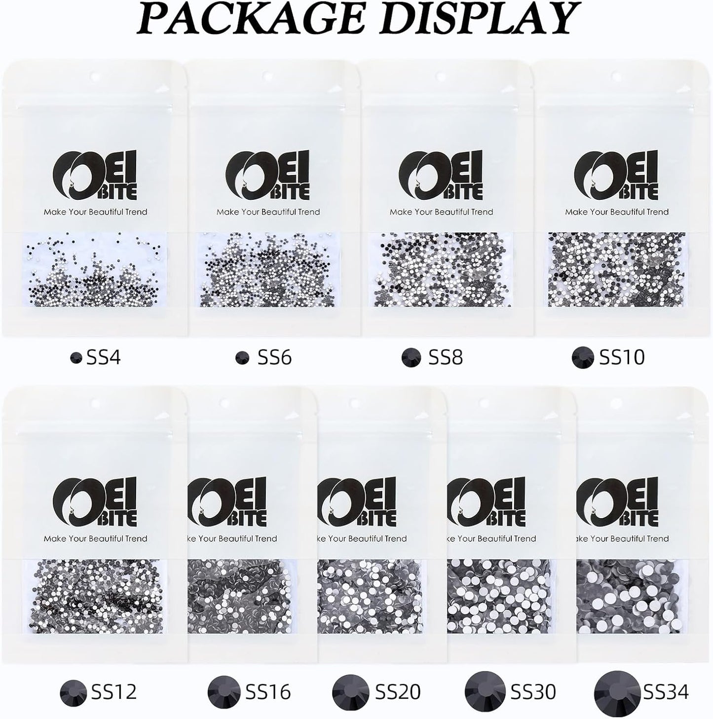 Black Flatback Rhinestones, Glass Rhinestones for Nail Art and Craft, Glue Fix, Loose Crystal Gemstones(Black, SS8, 1440pcs, 2.3-2.5mm)