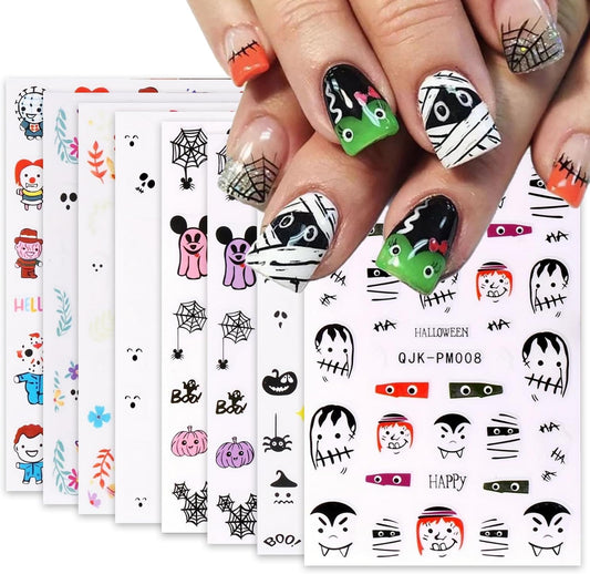 Halloween Nail Art Stickers 8 Sheets Cute Ghost Pumpkin 3D Self-Adhesive Nail Decals Q-Version Horror Movie Characters Skull Spider Web Nail Decorations Fall DIY Nail Supplies for Women Girls&Kids