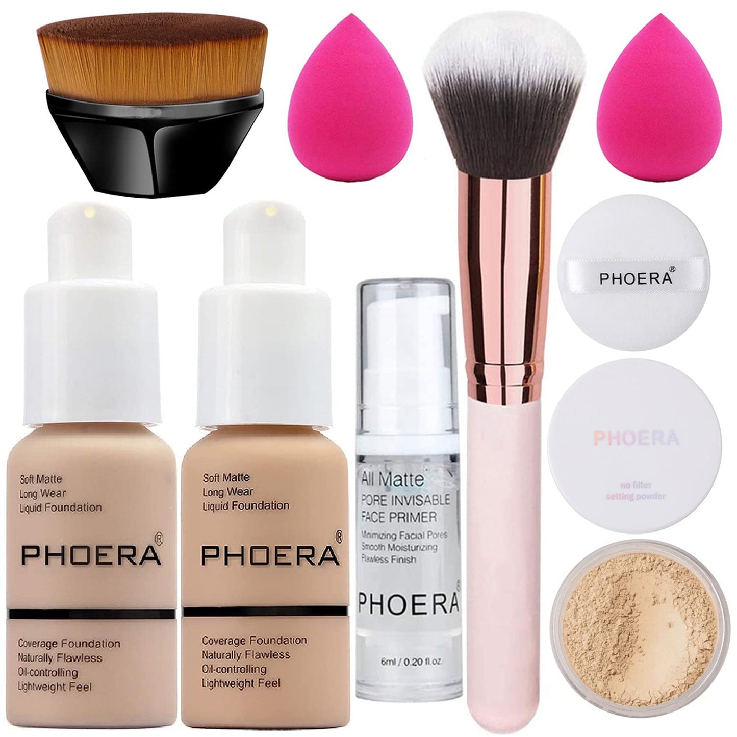 Makeup Kit for Women Included 2 Phoera Foundation SPF 20+ 30ml Matte Oil Control, 2 Kabuki Makeup Brushes, Phoera Primer, Powder Foundation, 2 Makeup Sponges (101 Porcelain + 102 Nude)