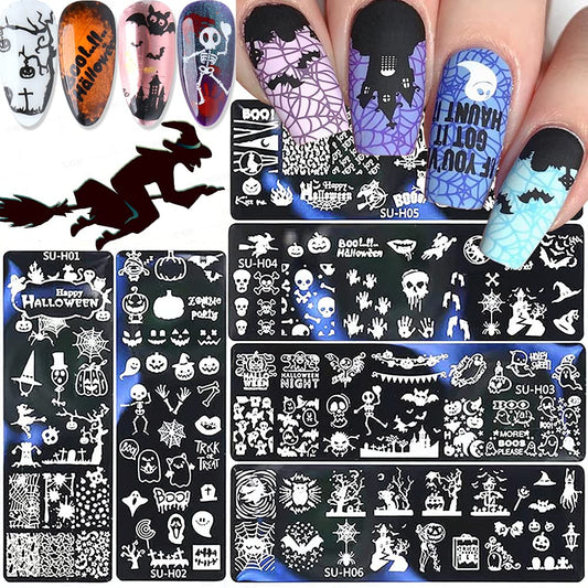 Halloween Nail Art Stamping Plates, 6 PCS Halloween Nail Stamper Kit Horror Ghost Skull Pumpkin Spider Witch Nail Art Stencils Plates Halloween Holiday Party Manicure Template Design Tool