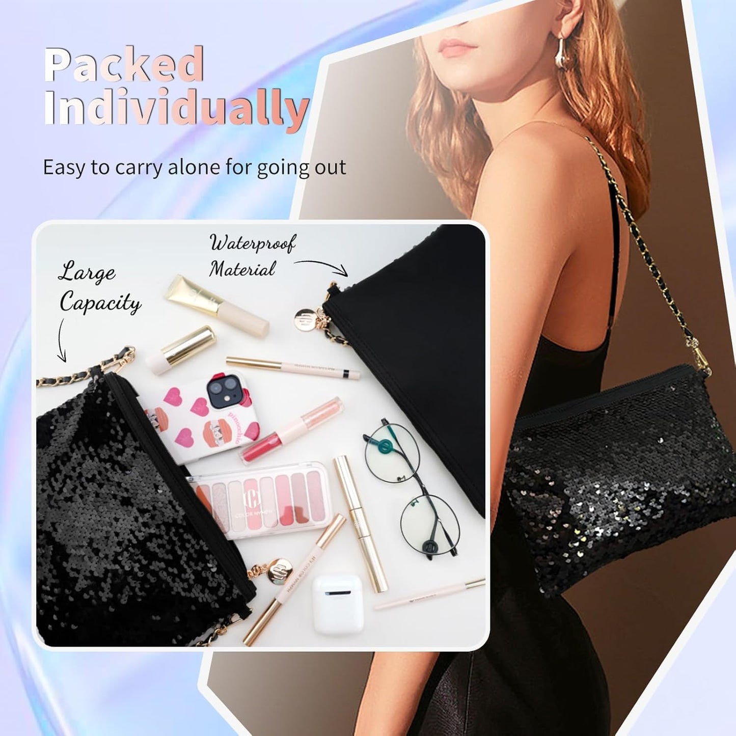 Color Nymph Teen Girls Makeup Kits, Makeup Set For Girls With Sequin Bag All In One Makeup Kit For Women Packed Individually 9 Colors Eyeshadow Palette Liquid Blush Lip gloss Mascara -Pink Blue