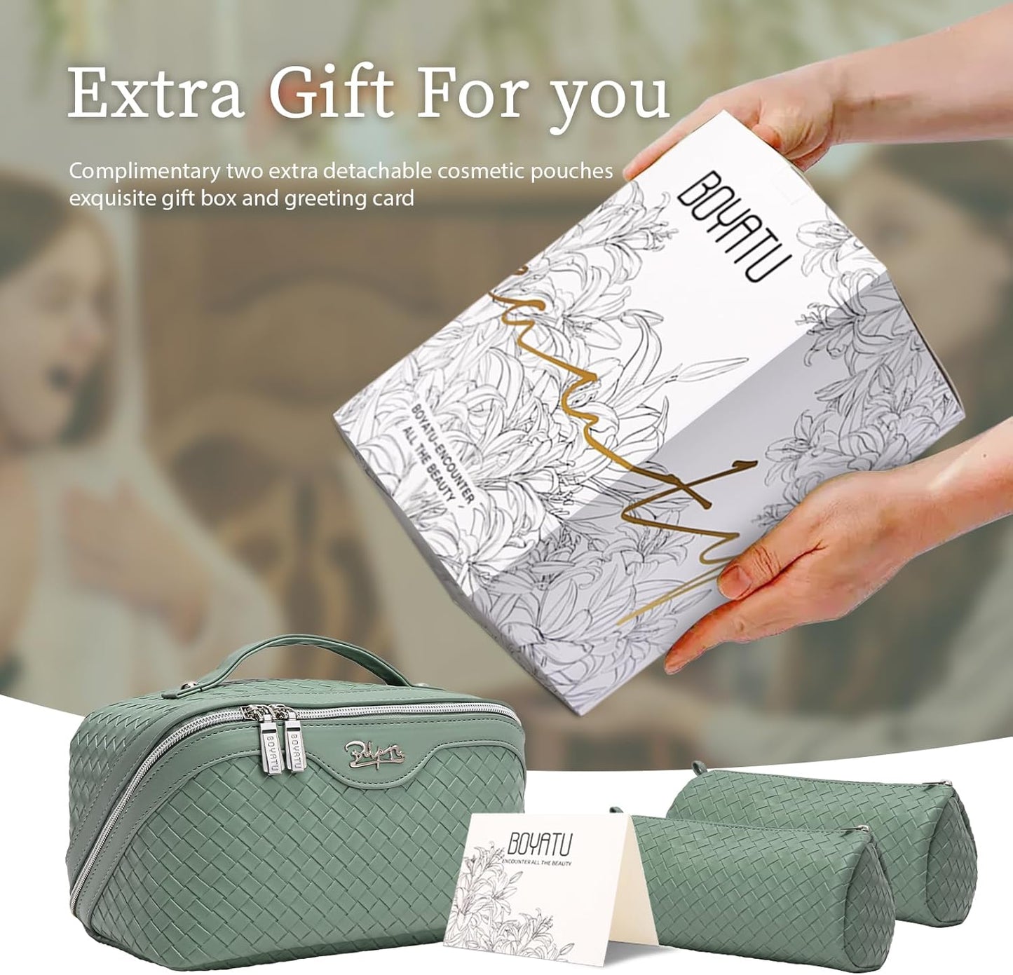 BOYATU Travel Makeup Bags for Women: Large Cosmetic Bag Waterproof - Vegan Leather Make up Bag Set of 3 - Compact Toiletry Organizer with Compartments & Handle & Divider (L05 Grass Green)