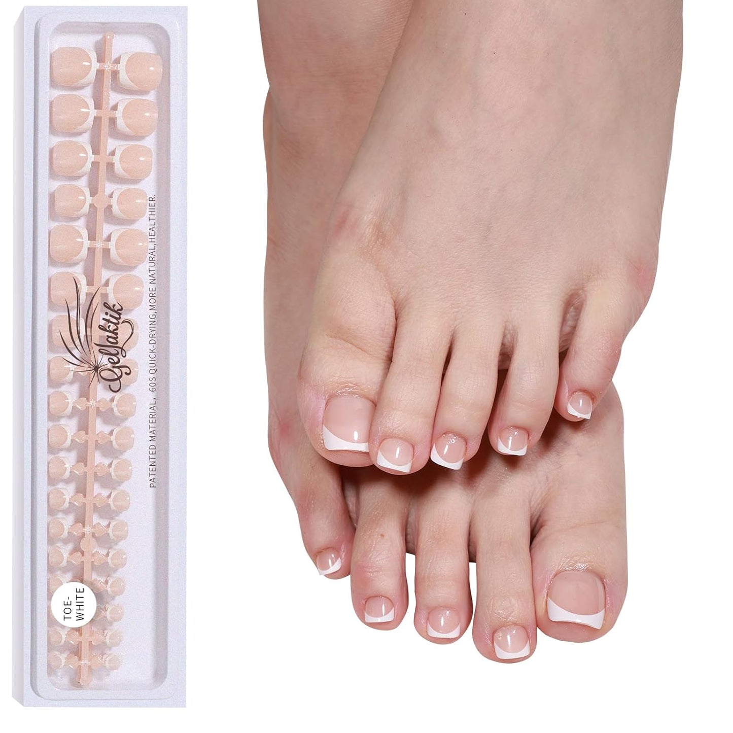 French Tip Press on Toenails 144PCS with 4 Strips, 18 Sizes Pink Fake Nails - No Need to File, Pre-applied Primer, Short Square Toe Nails Kit for Women Pedicure & Gift