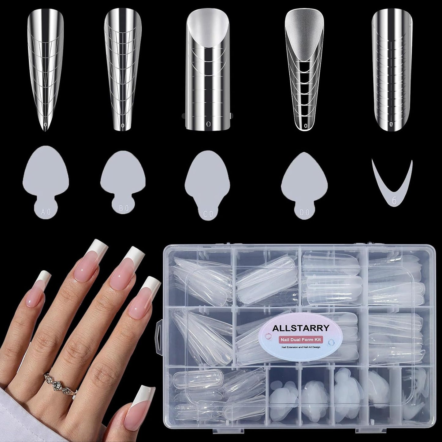 Allstarry 360pcs Nail Dual Forms, Silicone French Nail Forms for Poly Gel Nail Gel Extension Full Cover Acrylic Nail Tips 5 tpye nail form and Silicone Reusable Stickers for Nail Art Design