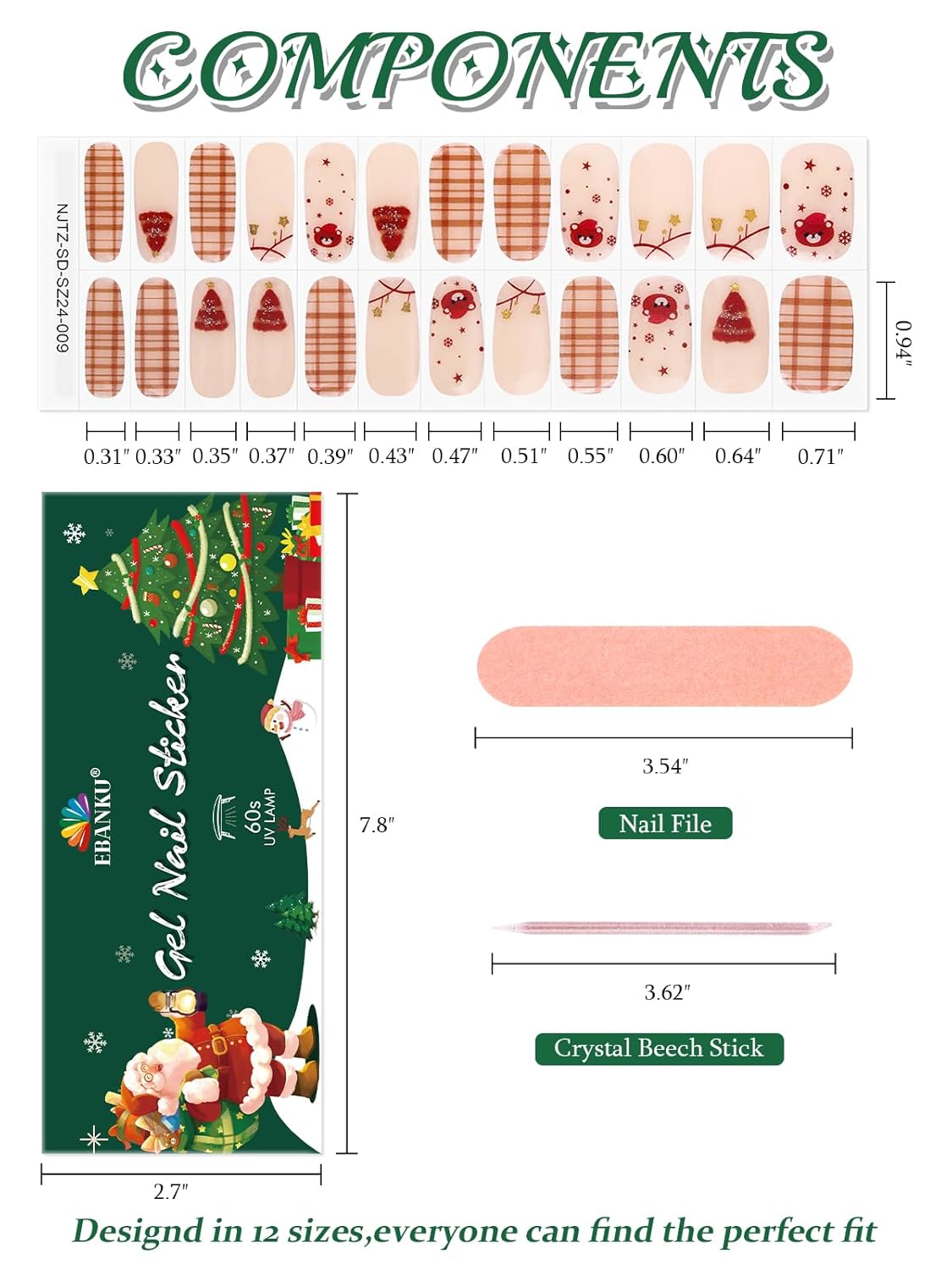 EBANKU 24PCS Christmas Semi-Cured Gel Nail Strips, Bear Snowflakes Adhesive Art Sticker, Waterproof Gel Nails Wrap Stickers with Nail File and Stick