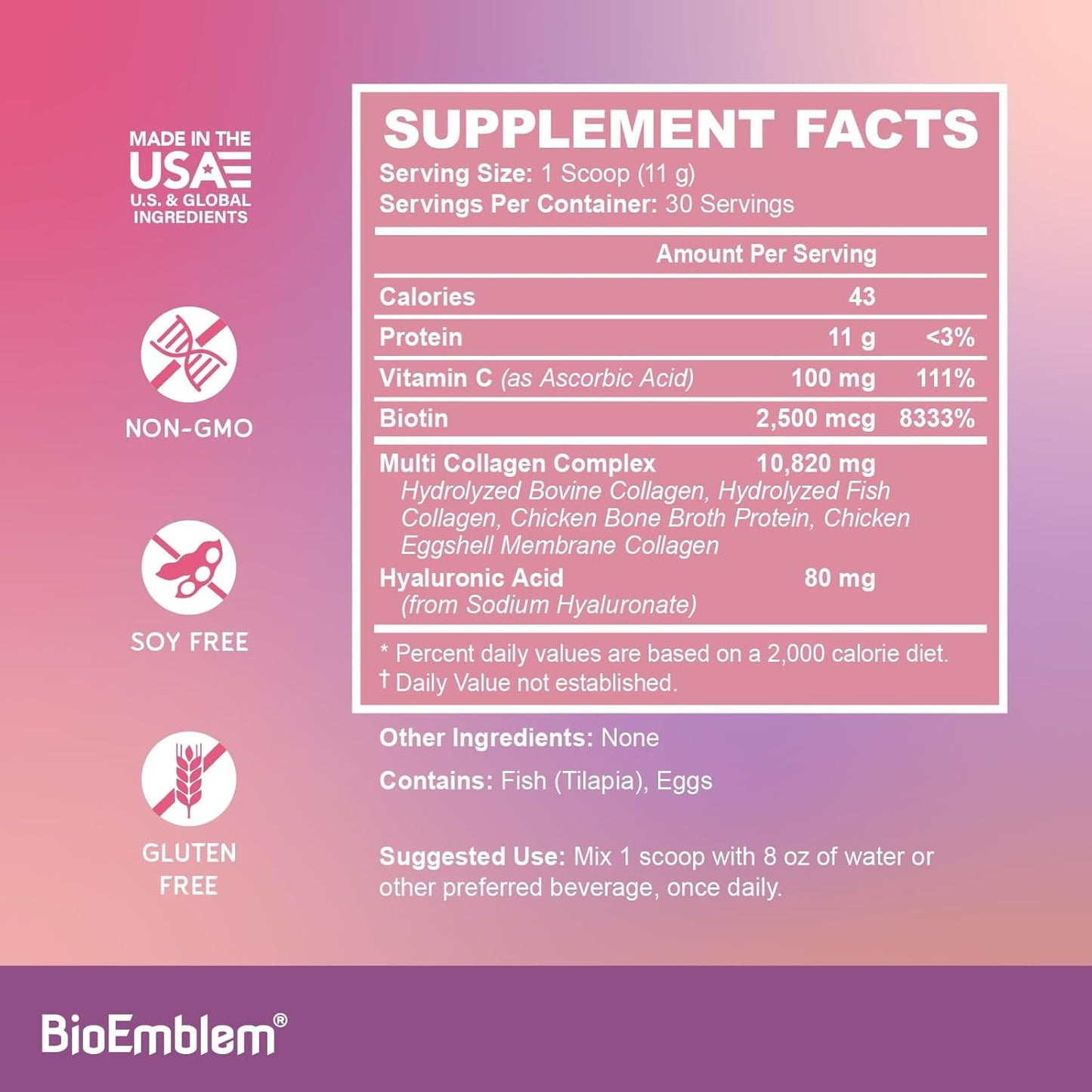 BioEmblem Beauty Collagen - 11G Hydrolyzed Multi-Collagen Peptides, Hyaluronic Acid, Vitamin C & Biotin - Bovine, Fish & Eggshell Membrane Collagen - Skin, Hair, Nail, & Joint Health - 30 Servings