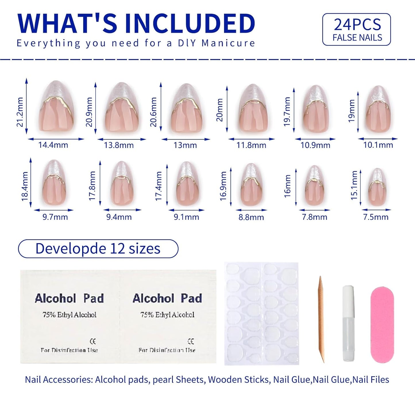 French Short Press On Nails Almond, Nude Fake Nails with Cloudy White French Tip and 3D Gold Line Design, Glossy Gel Finish Acrylic Nails, Natural Reusable Glue On Nails Kit for Women, Gilded Cloud