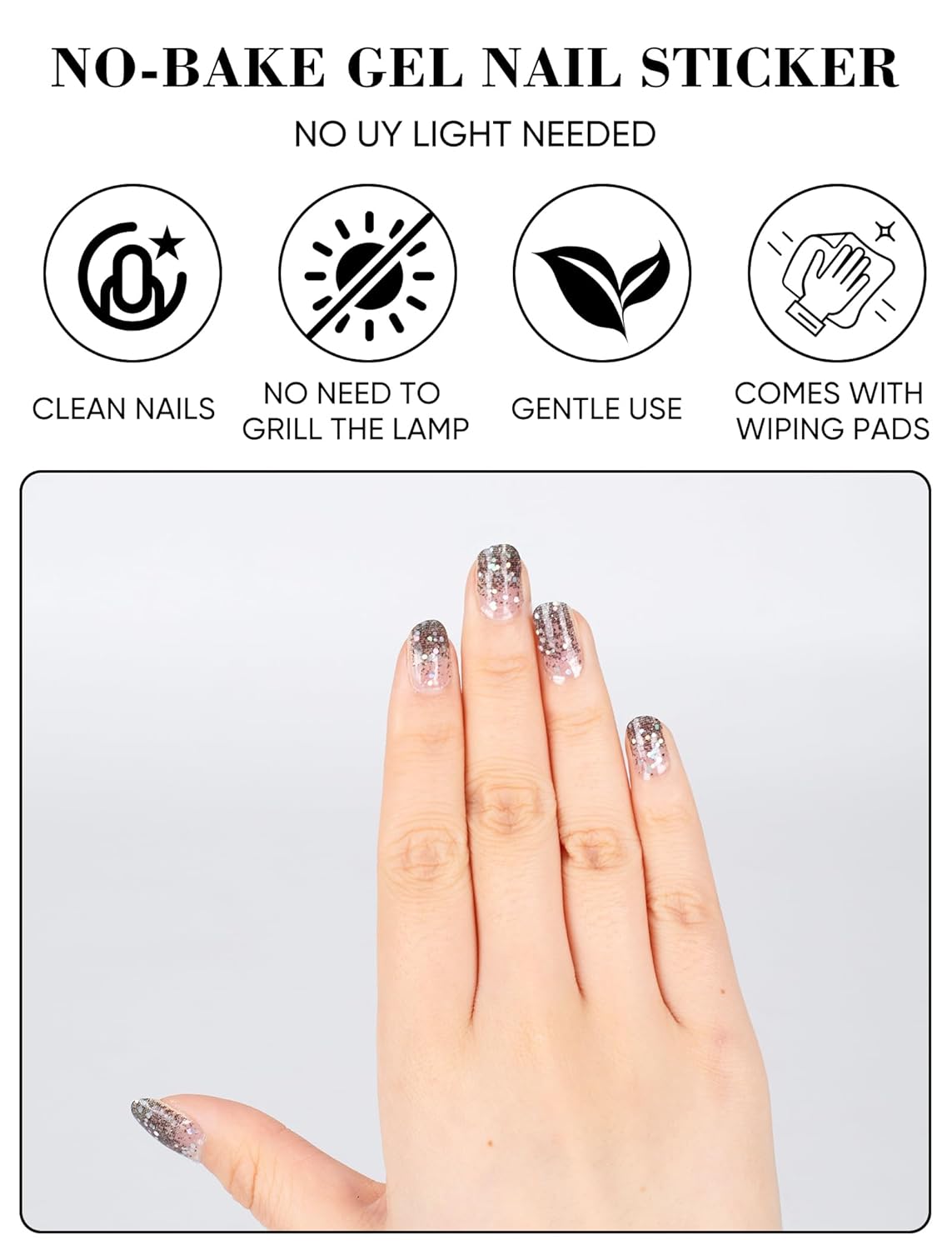 48 Pcs UV-Free Semi Cured Gel Nail Stickers for Women, No UV Light Needed Press on Self-Adhesive Nail Polish Strips Kit with Nail File Glitter Nail Art Wraps (Black)(Black)