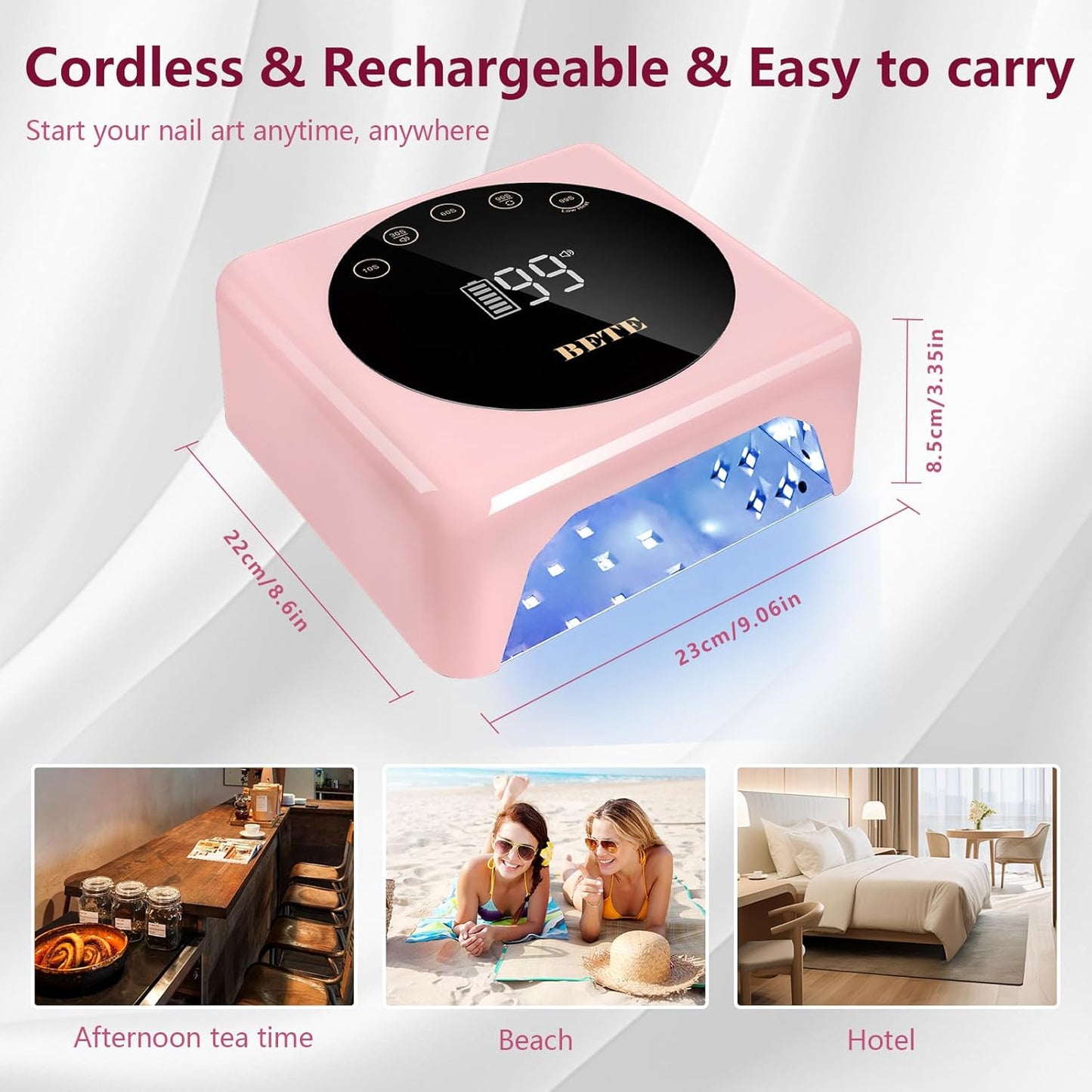 BETE Cordless LED Nail Lamp, 78W Rechargeable UV Nail Light, Intelligent Infrared Sensor and LCD Display Curing Nail Lamp, Portable Nail Dryer Gel Polish Light with 5 Timer Setting Pink