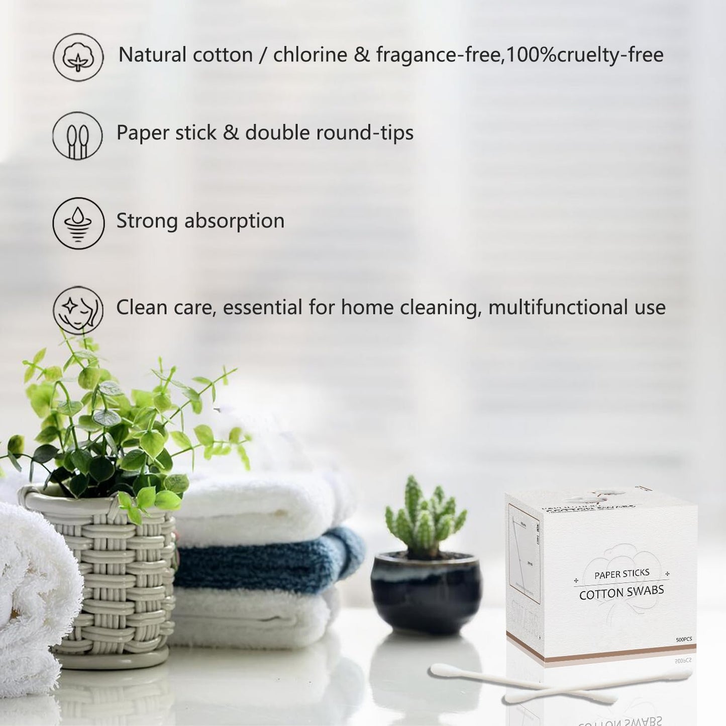 Cotton Swabs with Paper Sticks 1000ct, Double Round Cotton Buds for Beauty& Personal Care