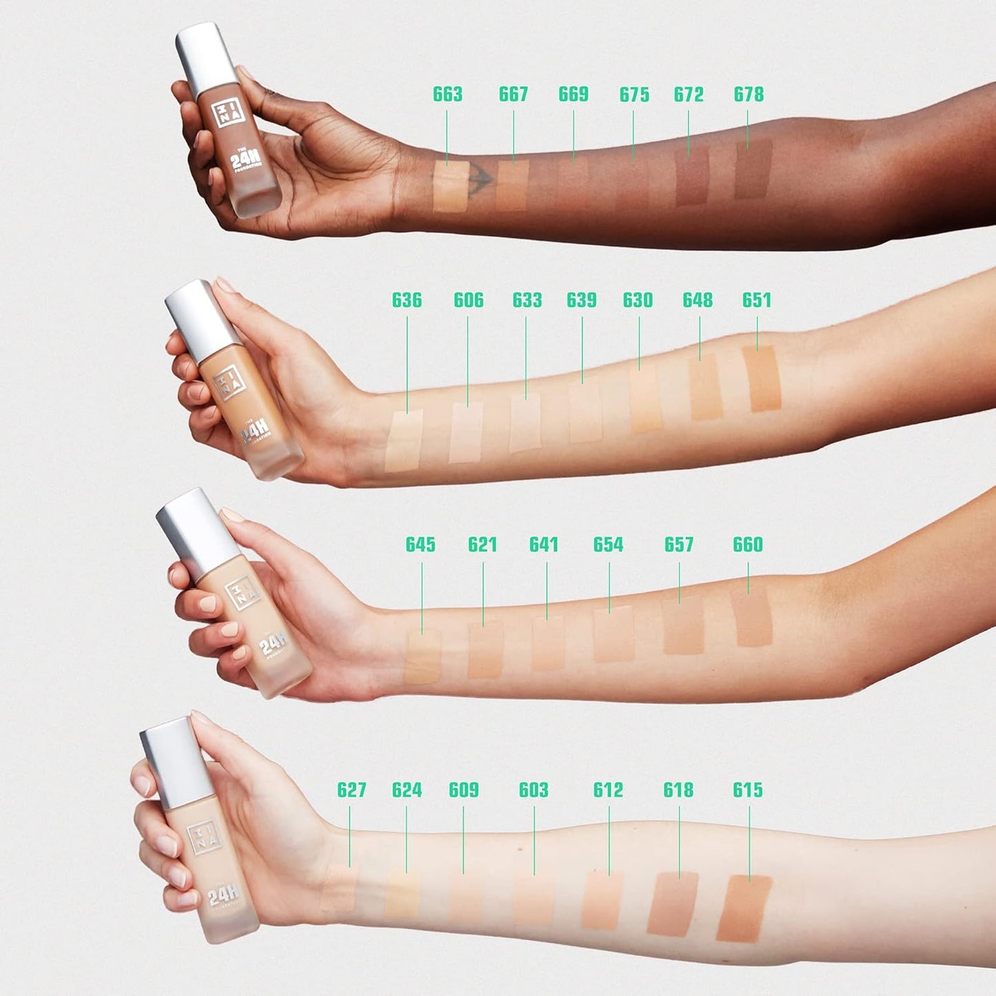 3INA The 24H Foundation 675-24H Long-Wearing Formula - Medium To High Buildable Coverage - Smooth Matte Finish - Expanded Shade Selection - Waterproof, Cruelty Free, Vegan Makeup - 1.01 Oz