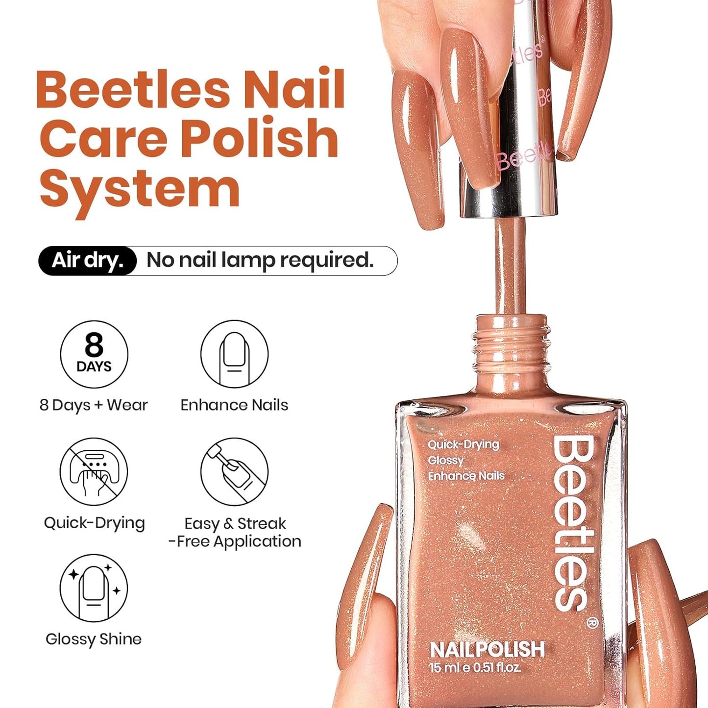 Beetles Glitter Brown Nail Polish –No UV Needed, Air Dry–Rosy Gold Shimmer Nude Rose Nail Lacquer–Fast Drying,Long Lasting,Salon-Quality Polish At-Home DIY