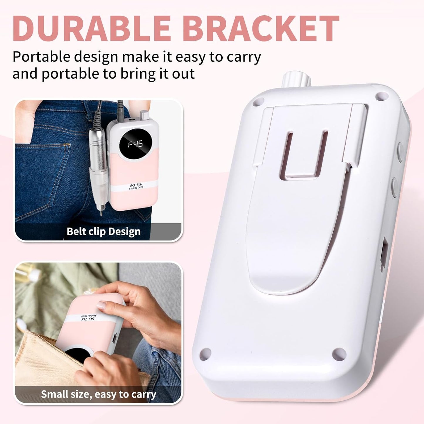 Electric Nail Drill Professional Kit - 45000RPM Electric Nail File Efile Portable Nail Drill Cordless with Bits & Base,E File Machine Nail Grinder for Women (Pink)