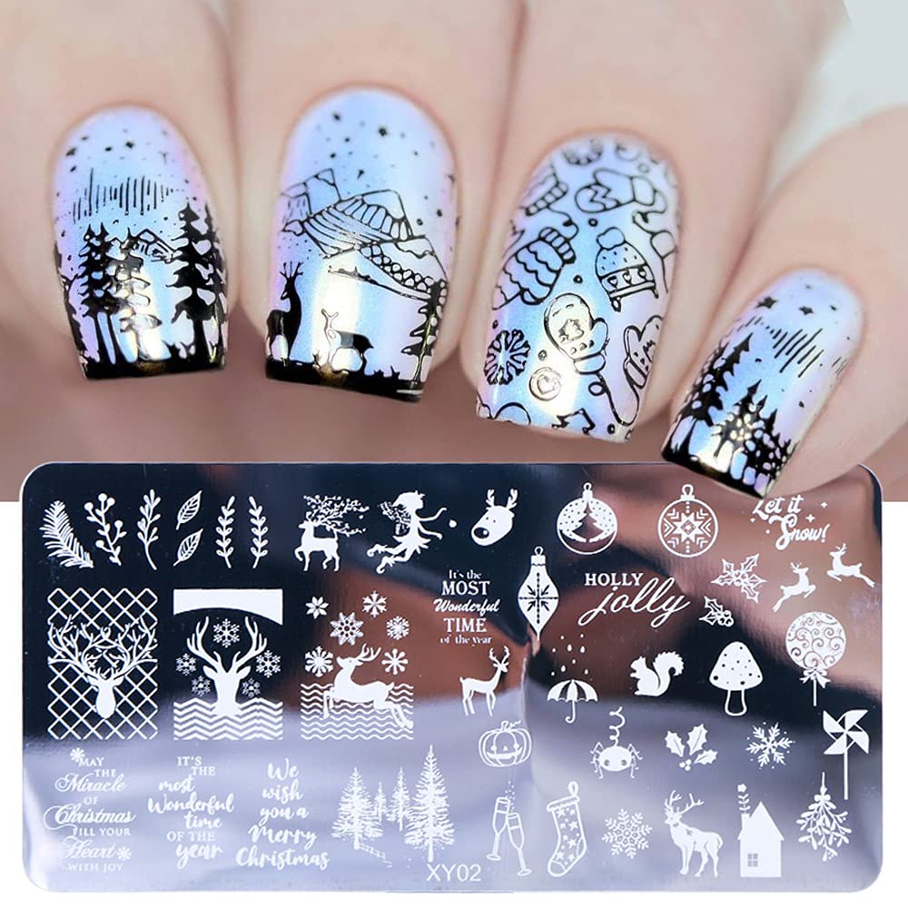 Christmas Nail Stamping Plates, 5Pcs Christmas Nail Stamper Kit Snowflakes Xmas Tree Bell Snowman Elk Nail Art Stencils Plates Winter Nail Stamp Kit Manicure Template Design Tool