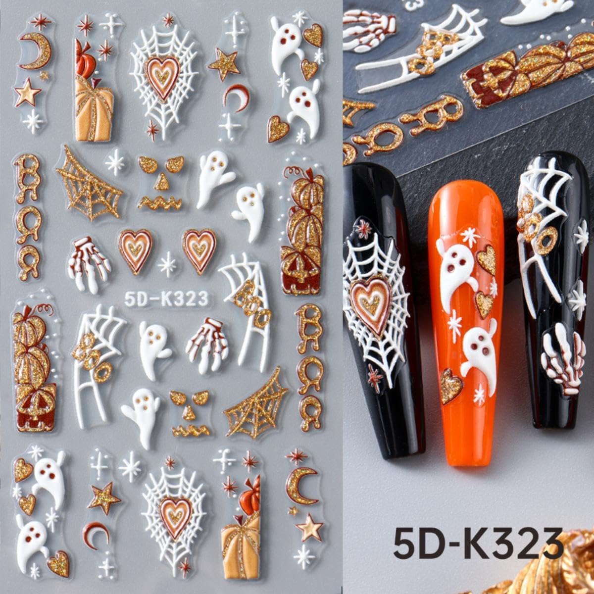 Halloween Nail Art Stickers Ghost Nail Stickers Gold Nails Art Decals 5D Self Adhesive Spider Web Nails Charms for Women Girls Manicure DIY Decoration