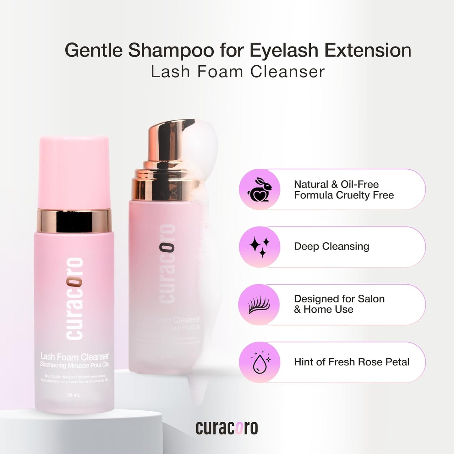 CURACORO 60ML Eyelash Extension Cleanser (Rose Scented) - Lash Shampoo for Lash Extensions, Eyelash Extension Foam Cleanser for Sensitive Skin, Removes Waterproof Makeup for Professional & Home Use