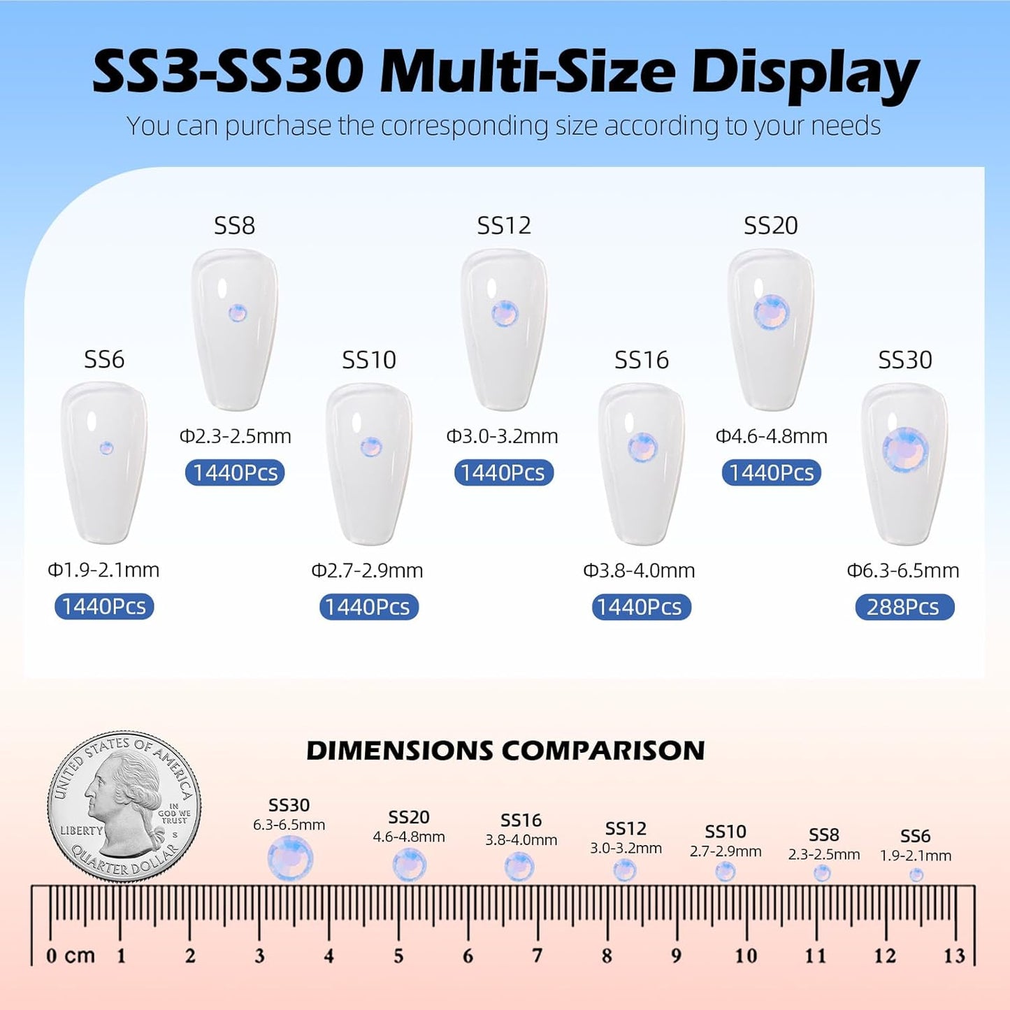 F Light Blue Flatback Rhinestones, Glass Rhinestones for Nail Art and Craft, Glue Fix, Loose Crystal Gemstones(F Light Blue, SS8, 1440pcs, 2.3-2.5mm)