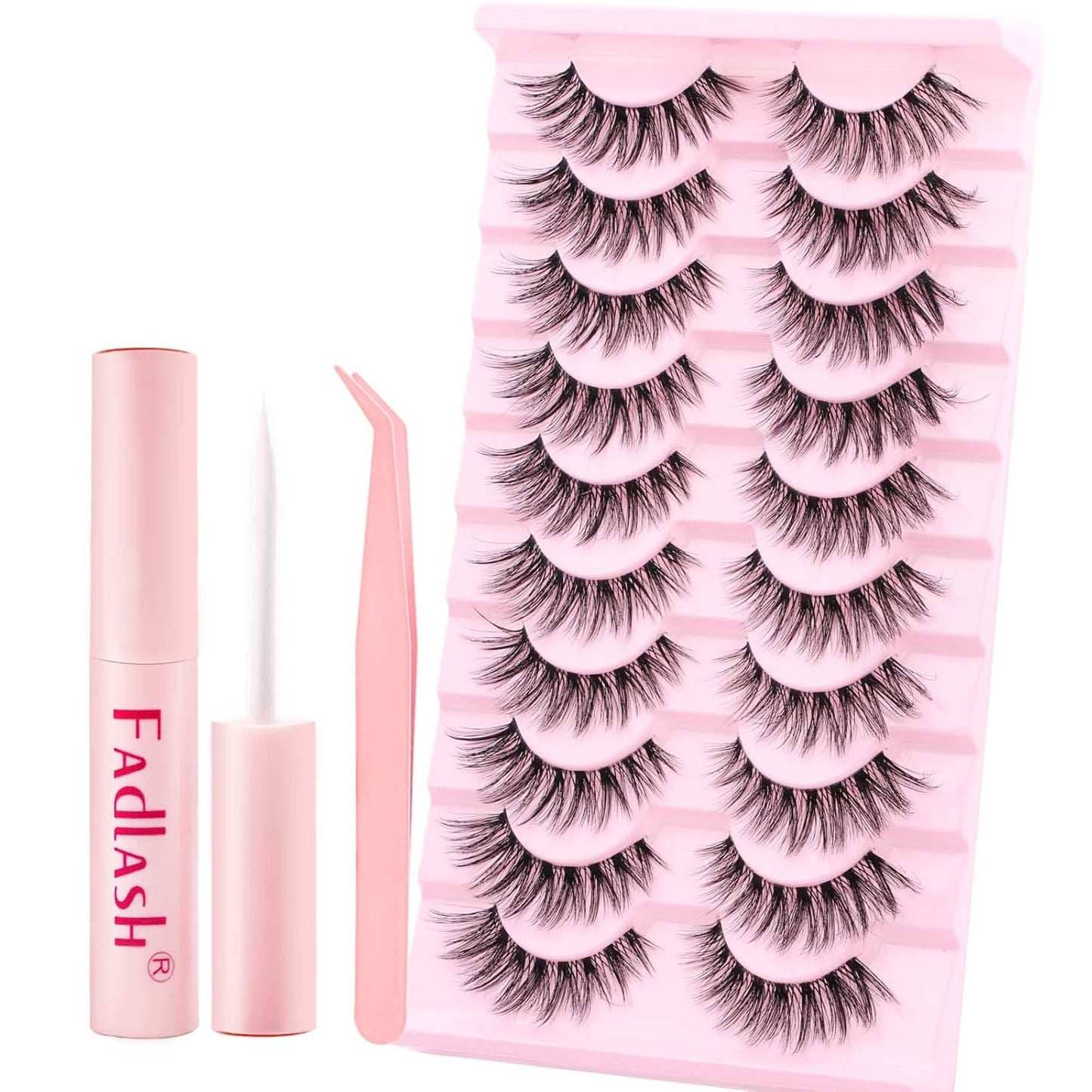 FADLASH False Eyelashes Kit Natural Cat Eye Lashes with Thin Band Wear Comfortable Black Fake Lashes 10 Pairs Lash Applicator Tool at Home, LZ209