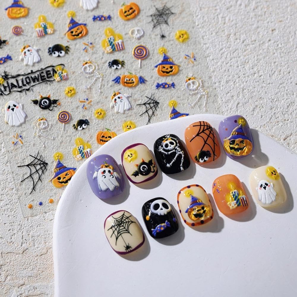 Halloween Nail Art Stickers Pumpkin Star Nail Decals Cute Ghost Nail Stickers with Design Skull Nails Art Decals 5D Embossed Self Adhesive for Women Girls Kid Manicure Charms DIY Decoration