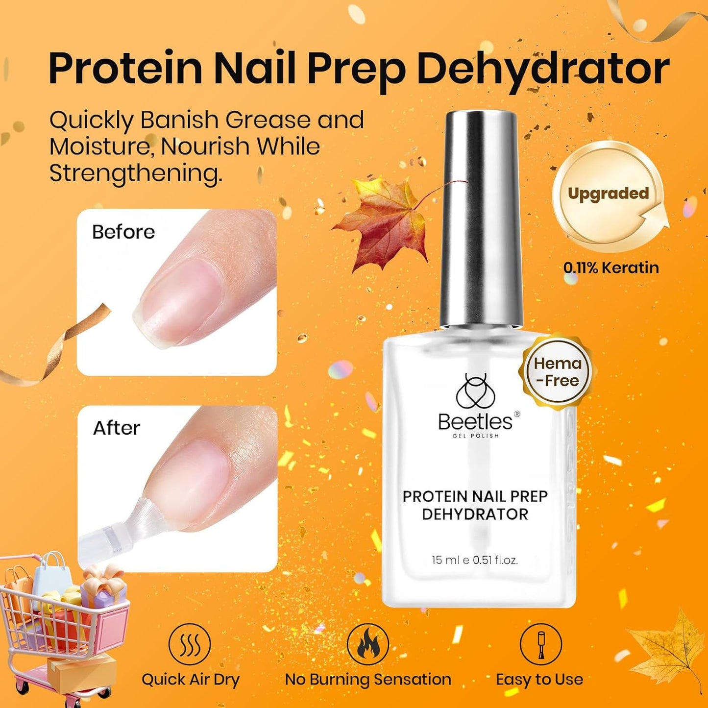Beetles 15ml Protein Nail Prep Dehydrator and Primer Set - 2PCS Hema-Free & Acid Free Nail Bond Protein Prep Kit for Gel Nail Polish Acrylic Nail Supplies