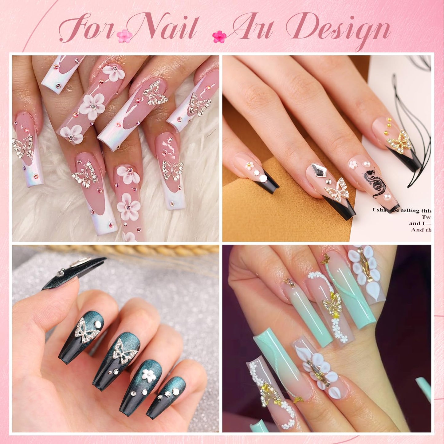 3D Nail Charms and Gems Set 4 with Rhinestone Glue, 20PCS Gold and Silver Chunky Butterfly Nail Charms, 3D Flowers for Nails, Crystal and Pearls + Metal Caviar Beads + Picker Tool for Y2K Nail Decor