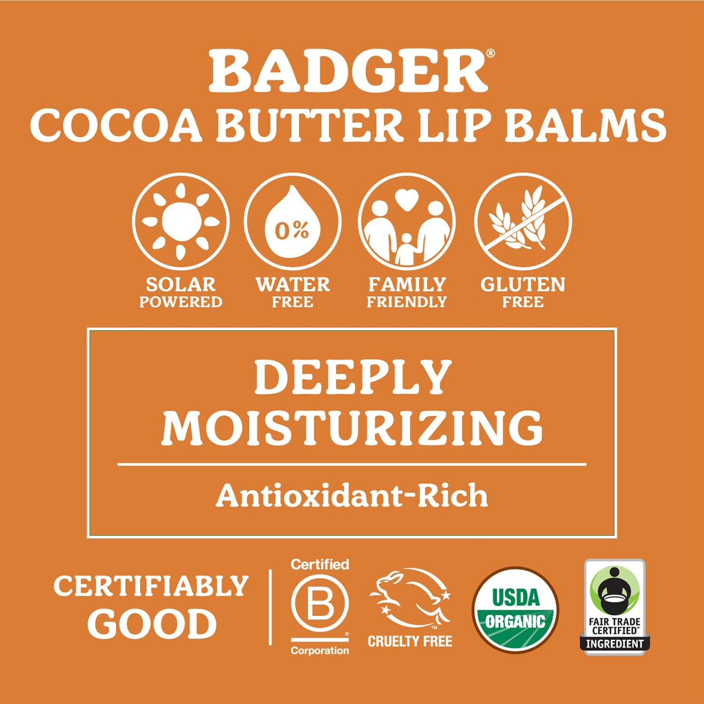 Badger Vanilla Bean Cocoa Butter Lip Balm, Long Lasting Hydrating Lip Care, 100% Organic Lip Balm, Large Size Stick, 4-pack