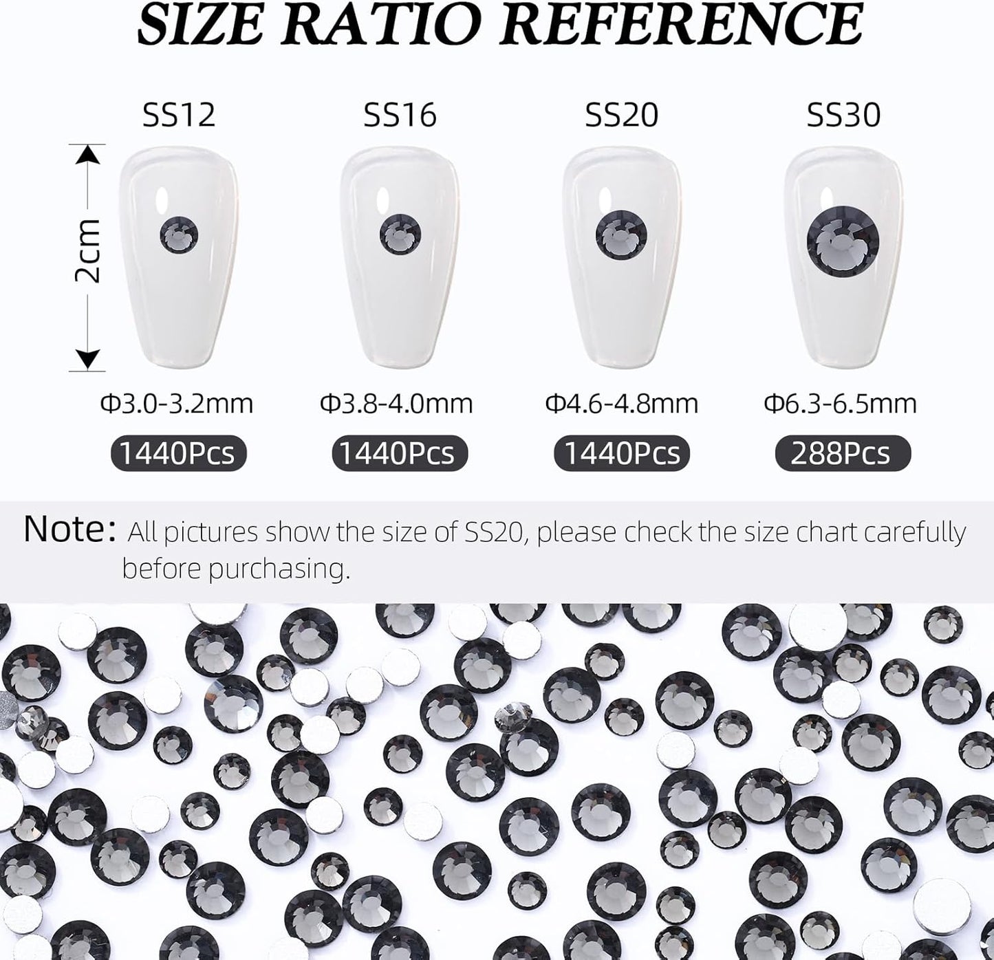 Gray Flatback Rhinestones, Glass Rhinestones for Nail Art and Craft, Glue Fix, Loose Crystal Gemstones(Gray, SS12, 1440pcs, 2.9-3.0mm)