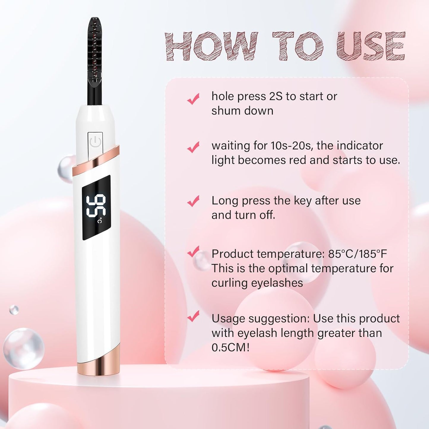 Heated Eyelash Curler for Women, Electric Lash Curler with 10s Fast Heating, 4 Adjustable Temp (65°C-95°C), 24H Curl, USB-C Rechargeable, Ergonomic Design, Travel-Friendly Makeup Tool Gift