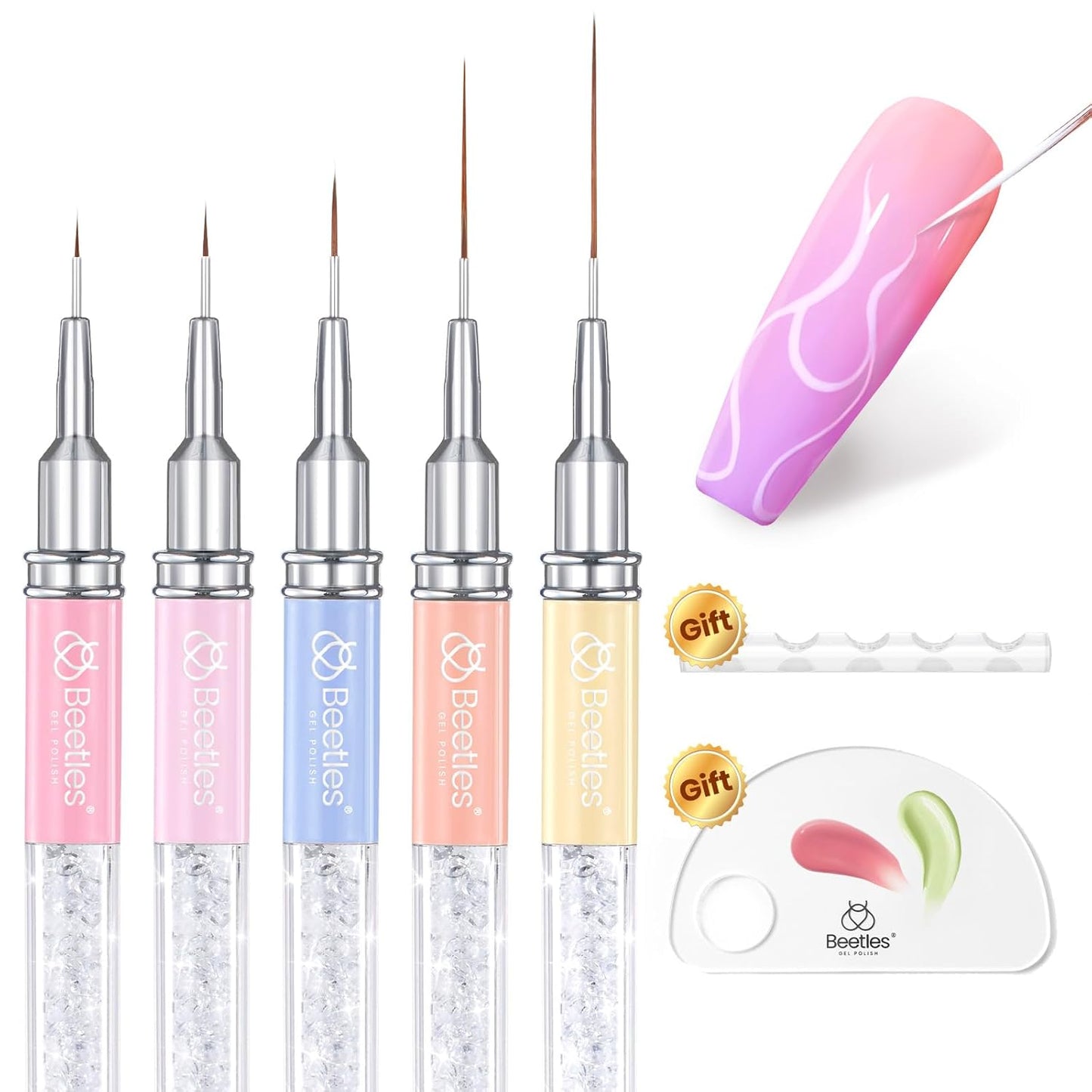 Beetles Gel Polish Nail Art Liner Brushes 5Pcs Painting Art Design Pen Set Diamond Application Rhinestone Handle Drawing Nail Art Brushes Tools Sizes 5/6/11/20/25mm Nail Art Design Gift for Women