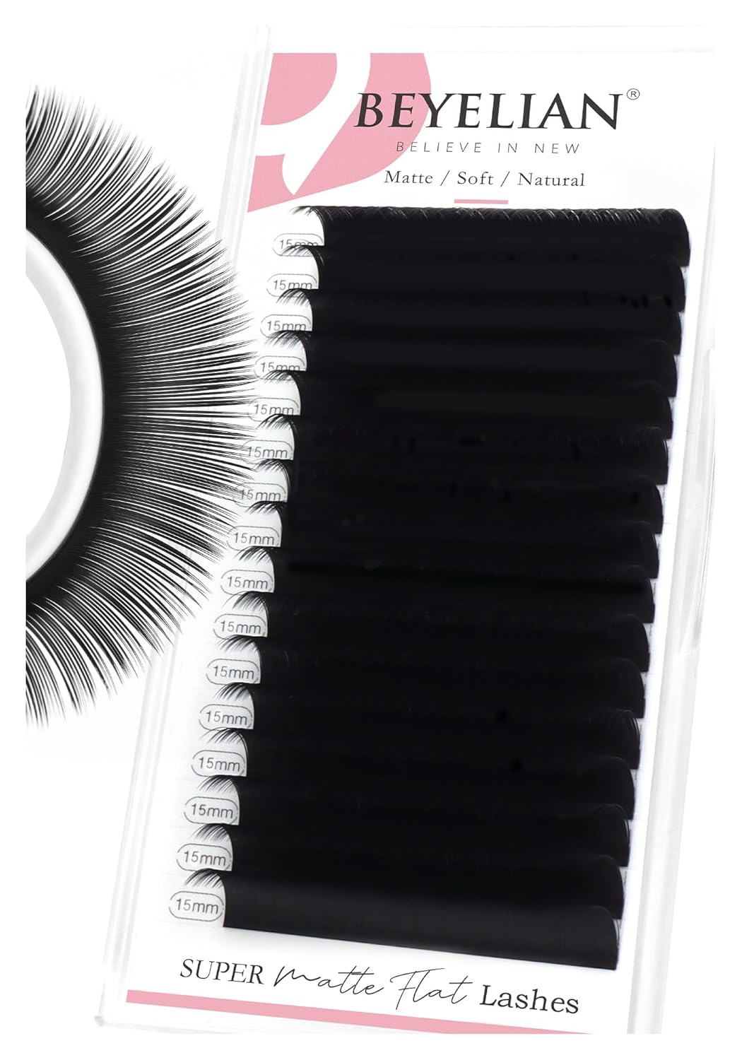 BEYELIAN Flat Eyelash Extension, Ellipse Lash Extensions 0.20 C Curl 15mm 16 Rows Matte Black Eyelash Extension Supplies Classic Lash Extensions Individual Eyelashes Salon Use