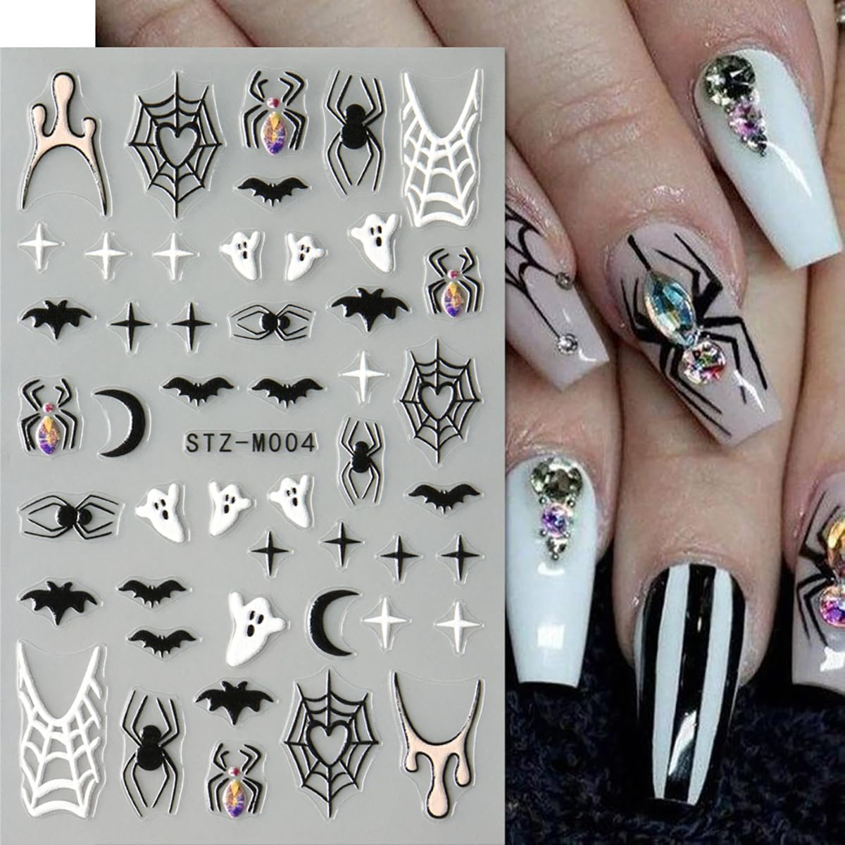 6 Sheets Halloween Nail Stickers for Nail Art Bat Spiders Nail Art Stickers Black Skull Ghost Spider Web Design Goth Nail Decals Nail Supplies for Women Acrylic Manicure Decoration Accessories