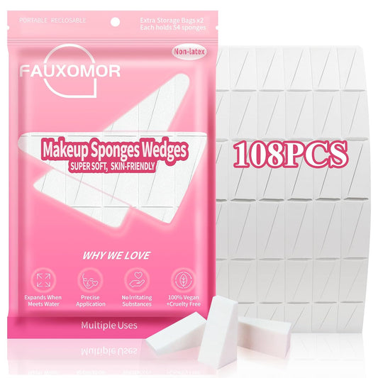 108 Pcs New Makeup Sponges Wedges for Face Foundation, Latex-Free Triangle Cosmetic Make Up Sponge for Flawless Application and Blending, Beauty Blender for All Skin Types with Two Pouches