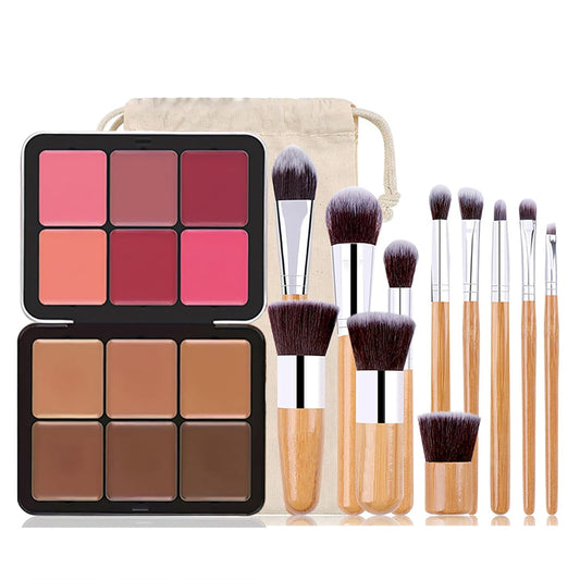 6 Colors Cream Blush Palette + 6 Colors Concealer Cream Contour Palette, Carla Secret Makeup Palette, Foundation Palette with 11 Pcs Makeup Brush Set, Long Wearing Blendable Full Coverage