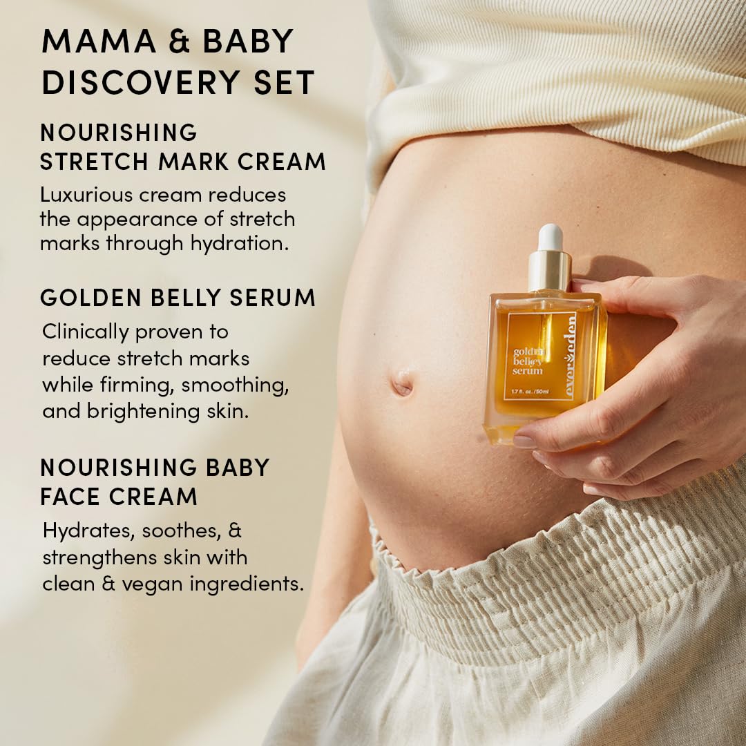 Evereden Mama & Baby Discovery Set - Dermatologist-Developed Clean & Vegan Maternity Skin Care Bundle - Stretch Mark Cream, Belly Serum, & Nourishing Baby Face Cream - Postpartum Gifts for New Mom