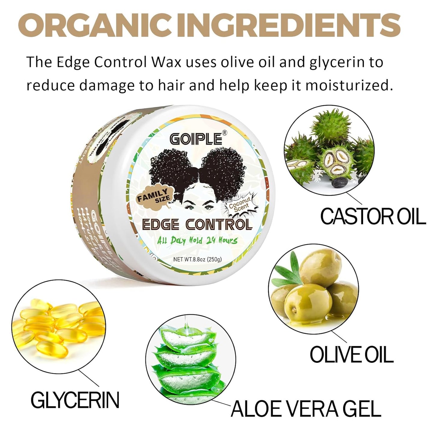 8.8 OZ Edge Control Wax for Women Strong Hold Non-greasy Edge Control Smoother Edge Wax, Edge Wax Styling Gel Edge Control for Black Hair No Flaking, Strong Hold Water-based Edge Stay Gel Coconut