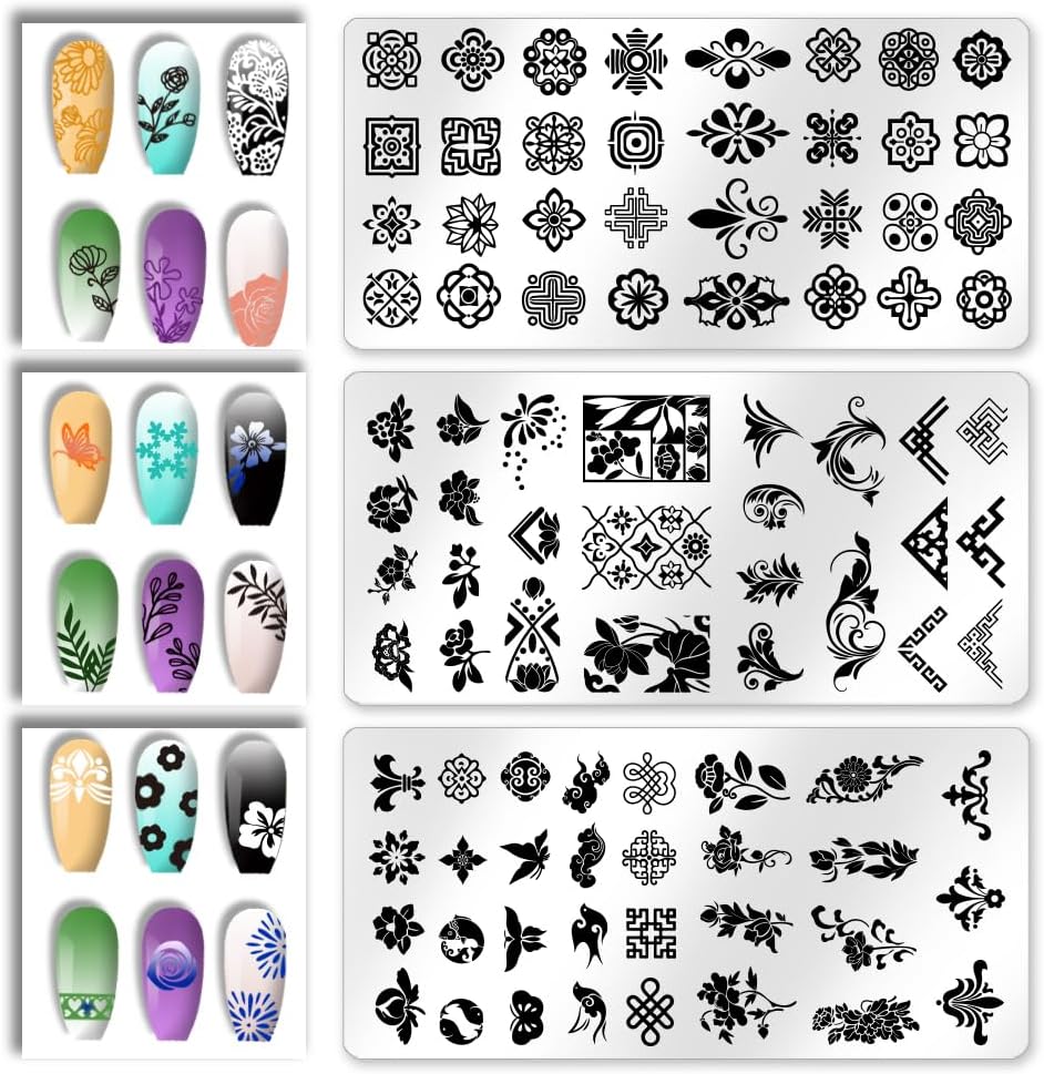 3Pcs Mix Floral Design Nail Stamping Plate Lace Flowers Nail Stamping Templates French Tip Art Stamp Plates Image Plate Stainless Steel DIY Reusable Tools for Manicure Printing