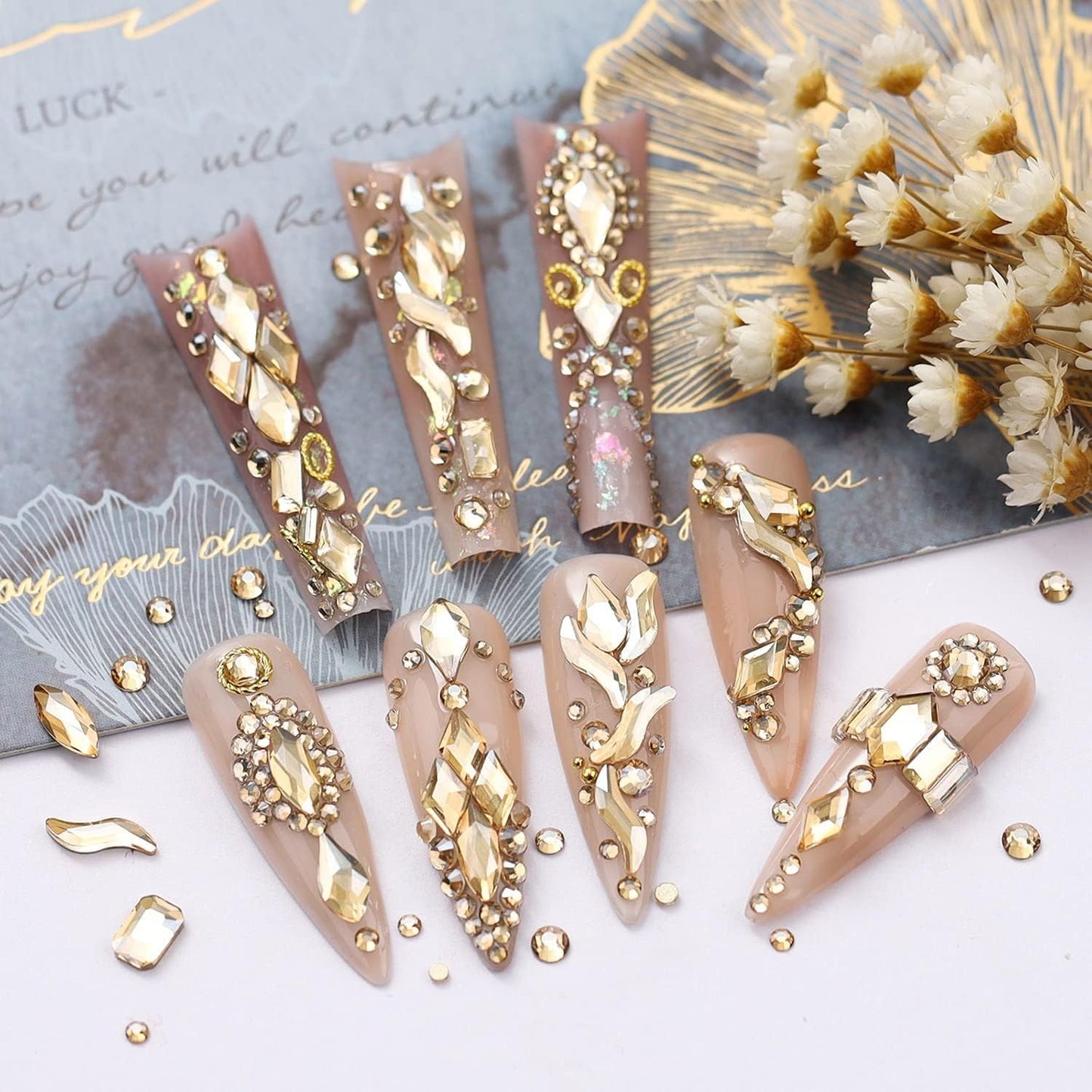 4080Pcs Gold Nail Rhinestones, More Quantity 1.5-4mm Mini Flatback K9 Glass Crystal & 3D Multi Shapes Gems, Champagne Gold Gems Round Stones Diamonds jewels Gemstones for Nail Face Eyes Makeup
