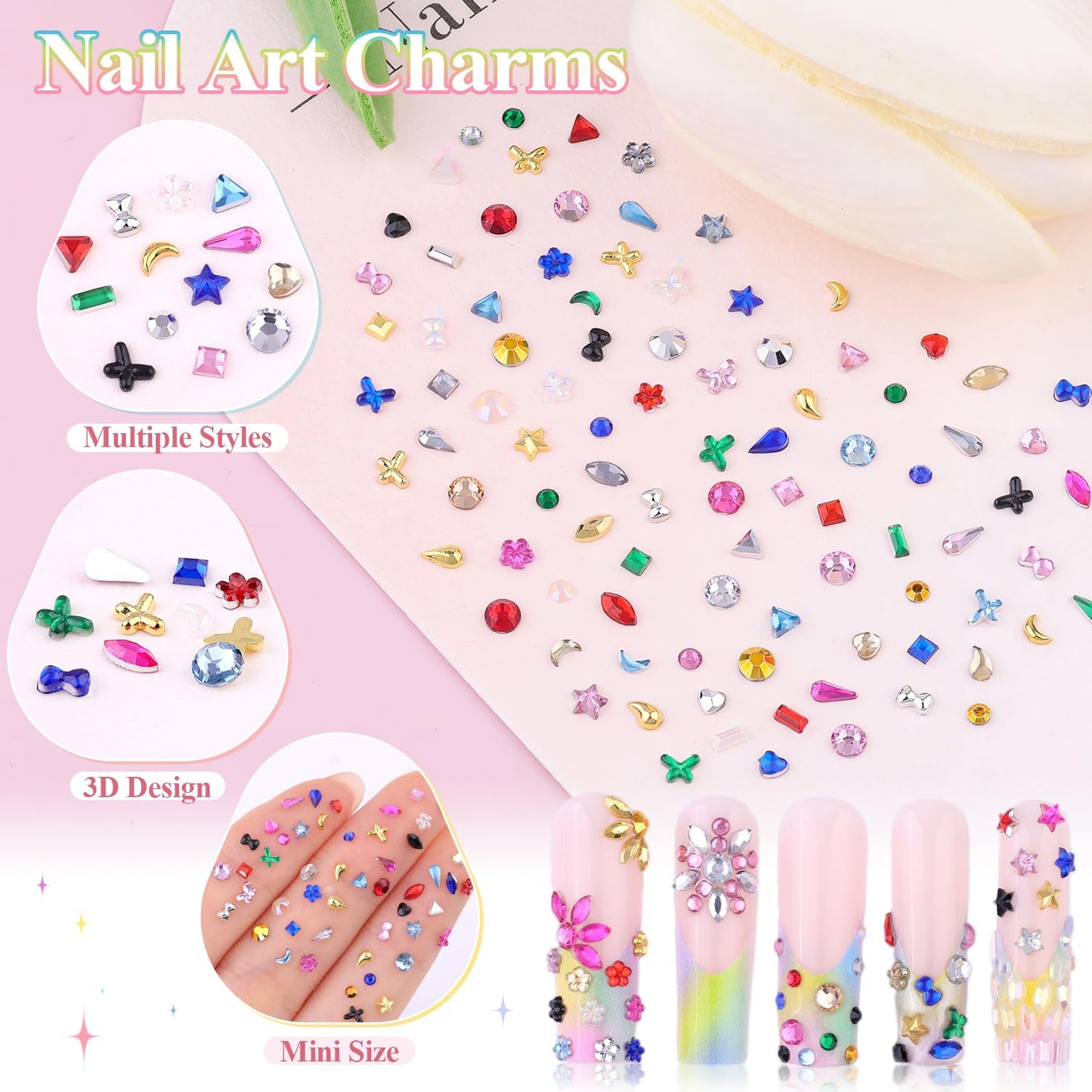 6360 PCS 2-3 MM Muliti Shape Colorful Rhinestones for Nail Art, 3D Resin Flatback Bedazzling Gems Mini Flower Bow Heart Star Butterfly, Gems Kit with Tweezers, Pickup Pencil and 15ML Nail Glue