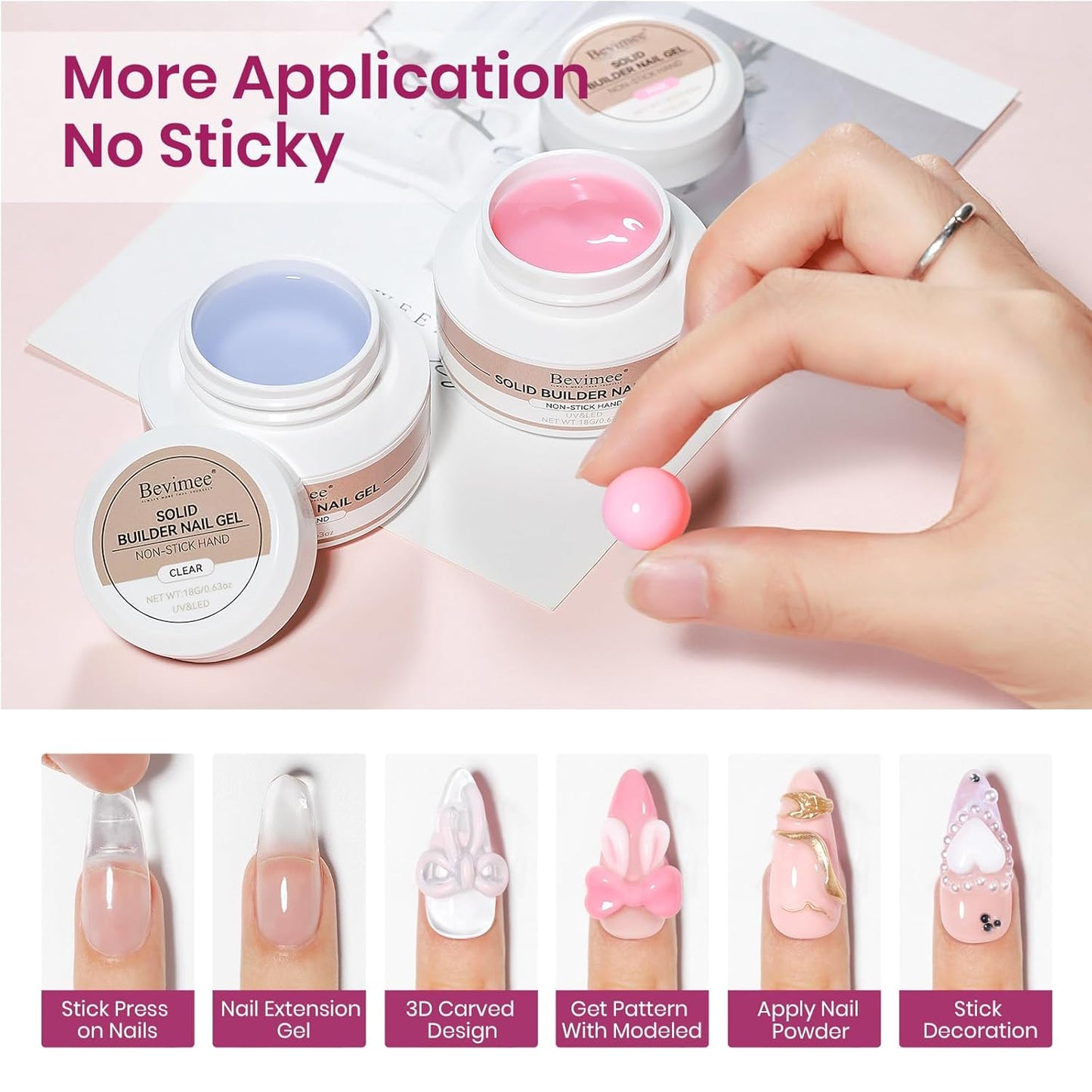 3d Sculpting Gel for Nail Art, Solid Builder Gel for Nails Non-Stick Hand for Modeling Sculpture Nail Extension UV/LED Manicure DIY At Home Clear Pink 2PCS