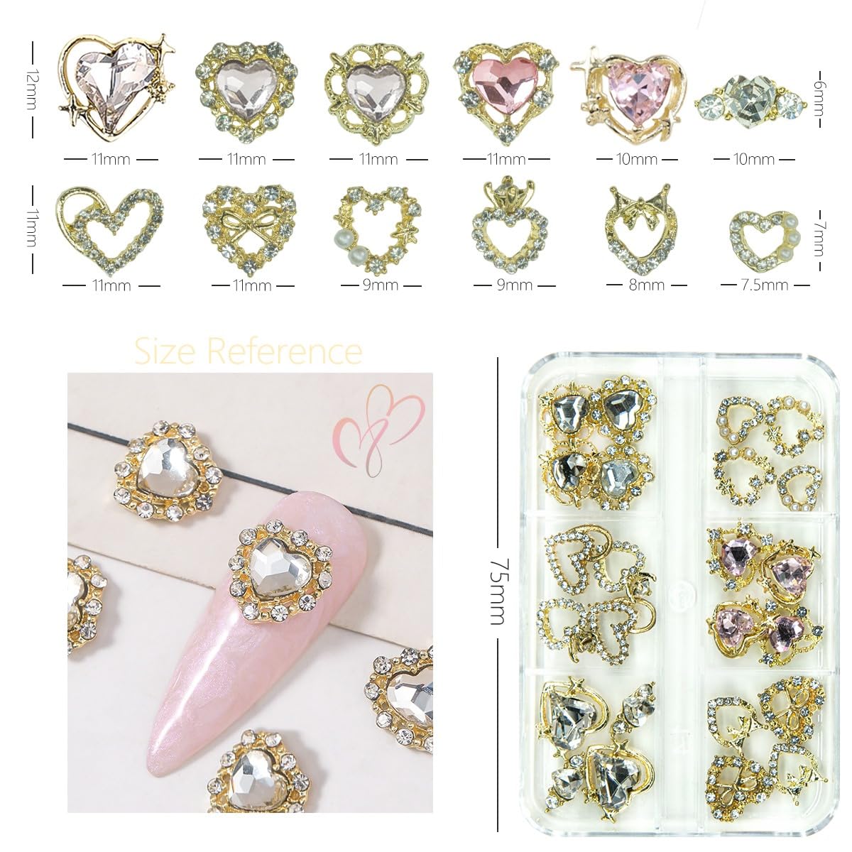 24pcs Heart Nail Charms Luxury Alloy Charms for Nails, qiipii 12 Pair 3D Gold Nail Art Rhinestones Nail Gems Golden Nail Crystal Diamonds Jewelry Stones Studs Nail Supplies Nails Decor Crafts 1 Box