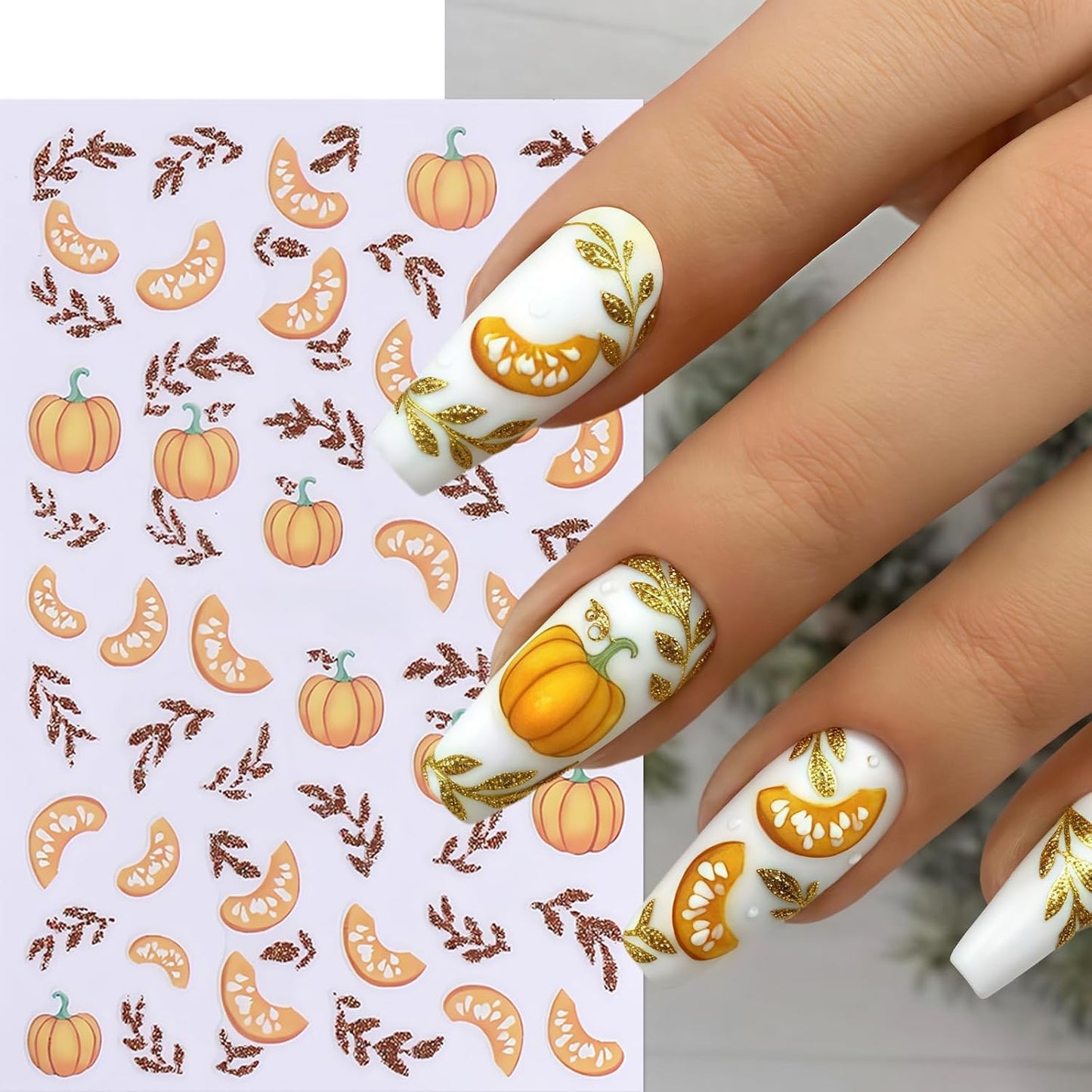 5Sheets Fall Nail Stickers Autumn Maple Leaf Nail Art Stickers 3D Self Adhesive Maple Leaves Nails Decals for Nails Art Thanksgiving Day Nail Decoration Pumpkin Nut Cute Manicure Supplies for Women